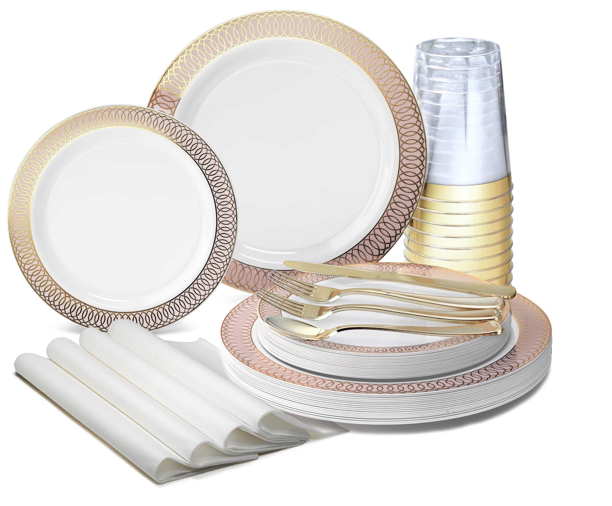 640-Piece Disposable Wedding Party Tableware Set - 80 Guests (10'' & 7.5'' Plastic Plates, Silverware, Cups, Napkins) - Venice Collection in White, Blush, Peach & Gold - Perfect for Weddings, Bridal Showers, Birthday Parties & Special Events