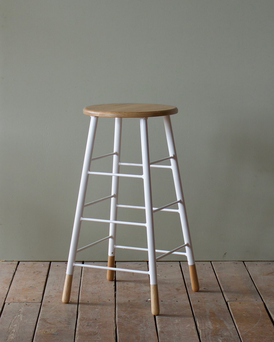 Two Tone Oak Stool with White Metal Legs - Modern Bar Stool for Kitchen, Dining Room & Home Decor - Perfect for Breakfast Nook, Counter Height & Small Spaces