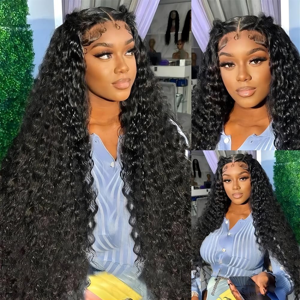 13x6 Deep Wave Lace Front Wigs Human Hair 32 Inch 200% Density HD Glueless Deep Curly Lace Frontal Wigs for Women - Pre Plucked with Baby Hair Natural Black | Perfect for Daily Wear, Parties, Cosplay & Special Occasions
