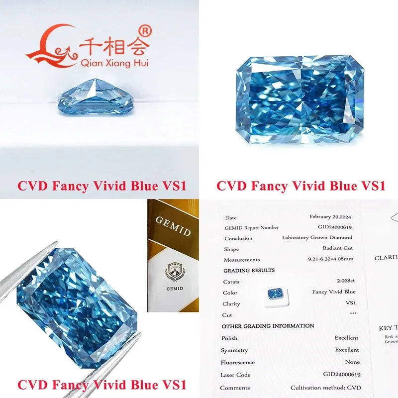 1.6ct & 2ct Lab Grown CVD Diamond - Fancy Vivid Blue VS1 Clarity Radiant Shape GEMID Certified Loose Stone for Engagement Rings & Fine Jewelry