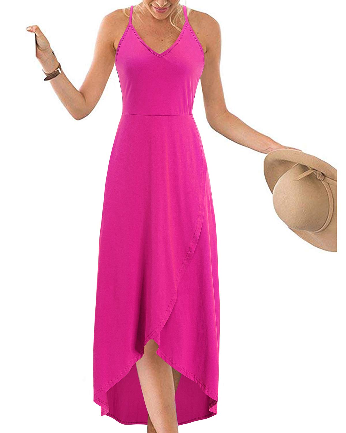 KILIG Women's V Neck Sleeveless Floral Maxi Dress - Asymmetrical Patchwork Summer Sundress for Beach, Vacation & Casual Outings