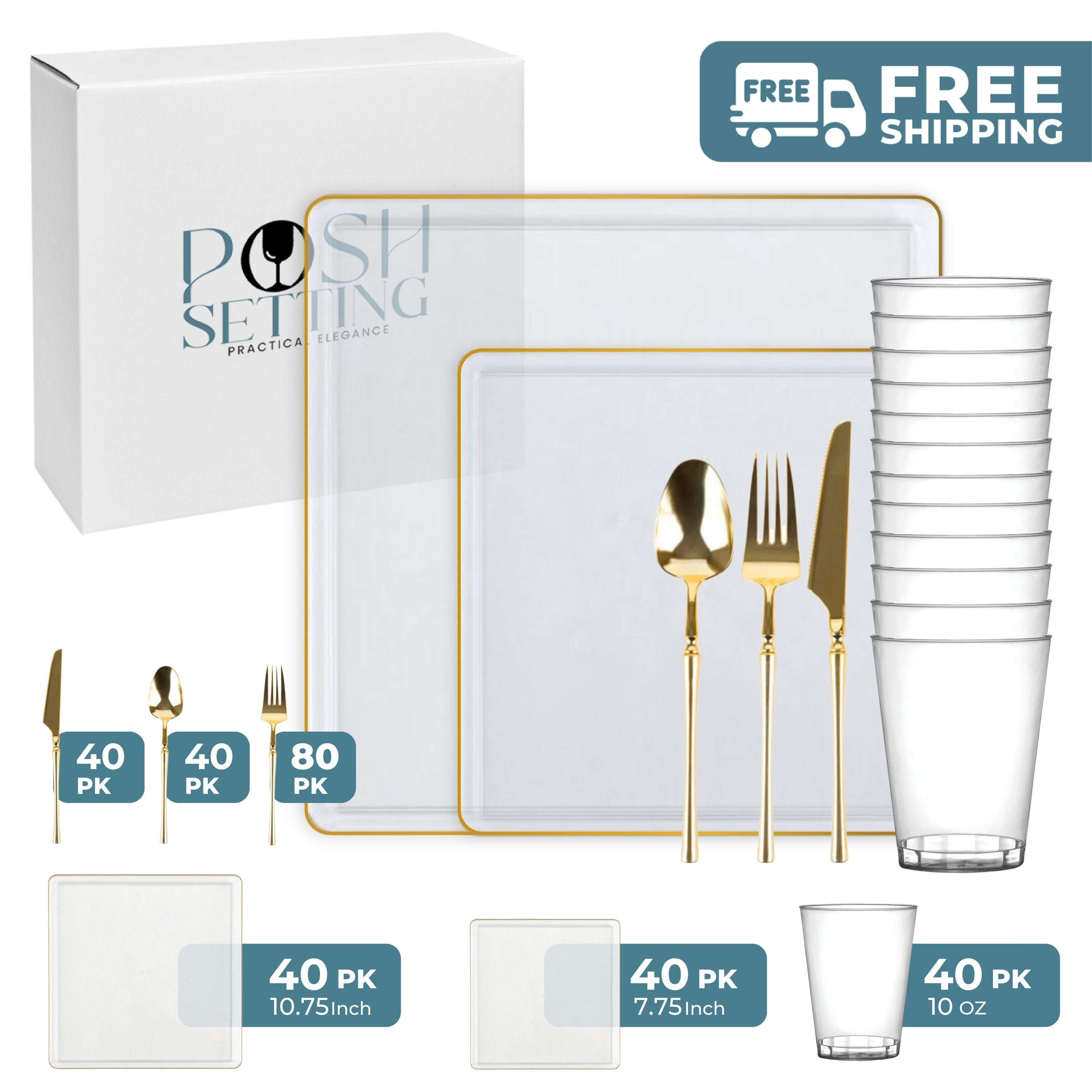 Clear and Gold Plastic Party Bundle - Square Edge Disposable Plates, Cups, and Cutlery Set for Birthday, Wedding, and Holiday Celebrations
