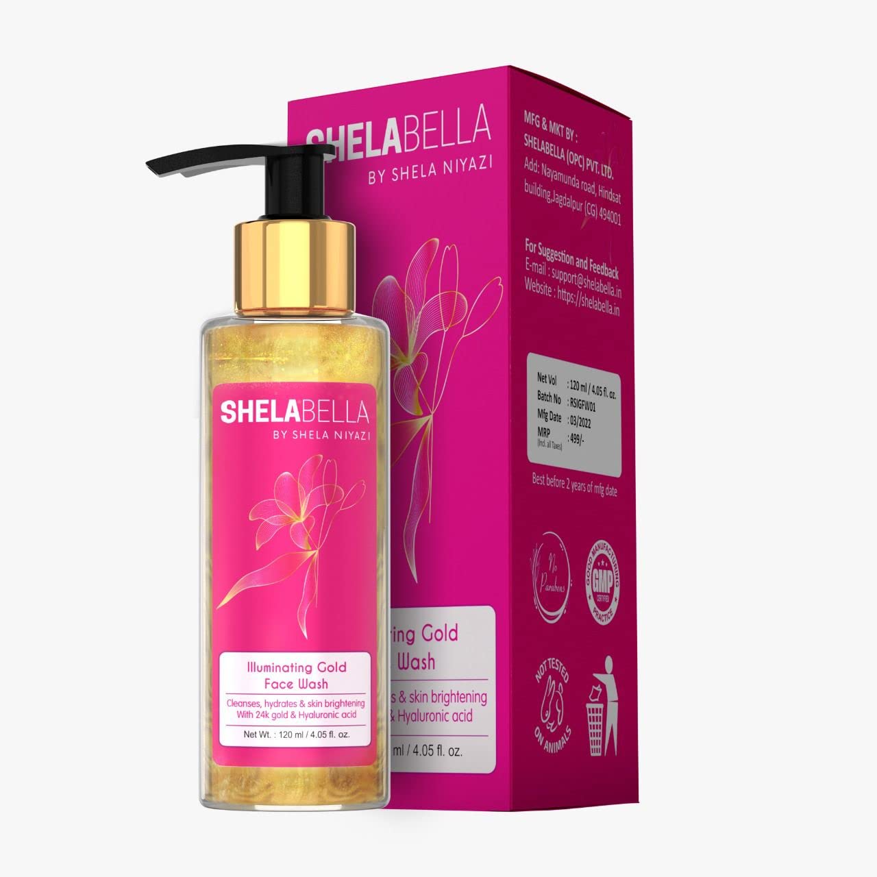 ShelaBella Illuminating Gold Face Wash - Brightens & Lightens Skin, Reduces Wrinkles & Pores, Deep Hydration, 120ml | Daily Skincare Routine for Glowing Complexion