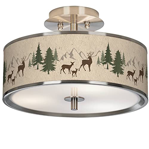 Deer Lodge 14 Inch Wide Floral Print Ceiling Light Fixture with Fabric Shade - Perfect for Bedroom, Living Room, and Dining Room Lighting