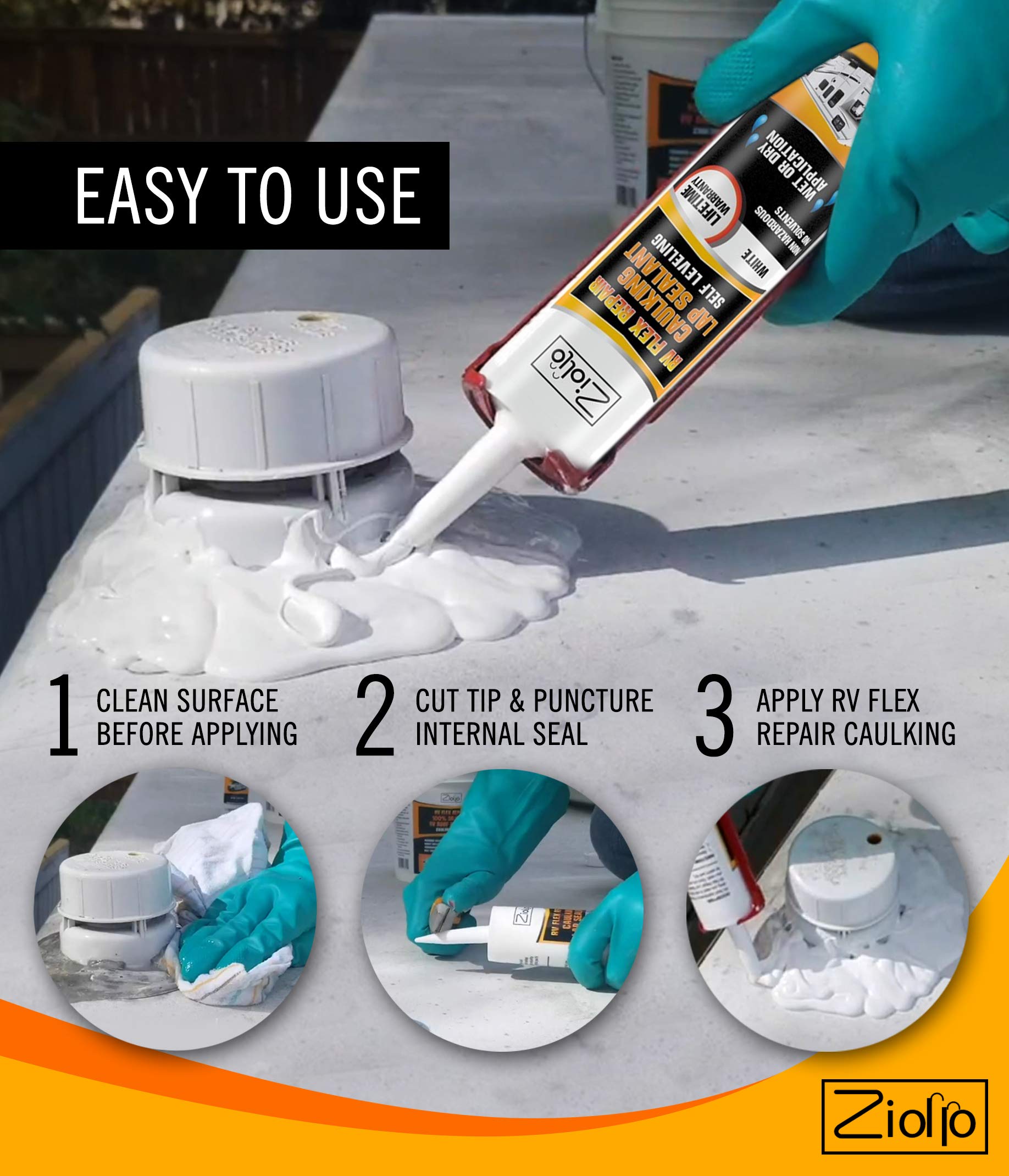 Ziollo RV Flex Repair Caulking Lap Sealant Kit - Self-Leveling EPDM Sealant for Rubber Roofs on Motorhomes, Trailers, Campers (1 Tape, 4 Tubes, 1G Can) - Waterproof Sealant for RV Roof Repair, Leak Prevention & Maintenance