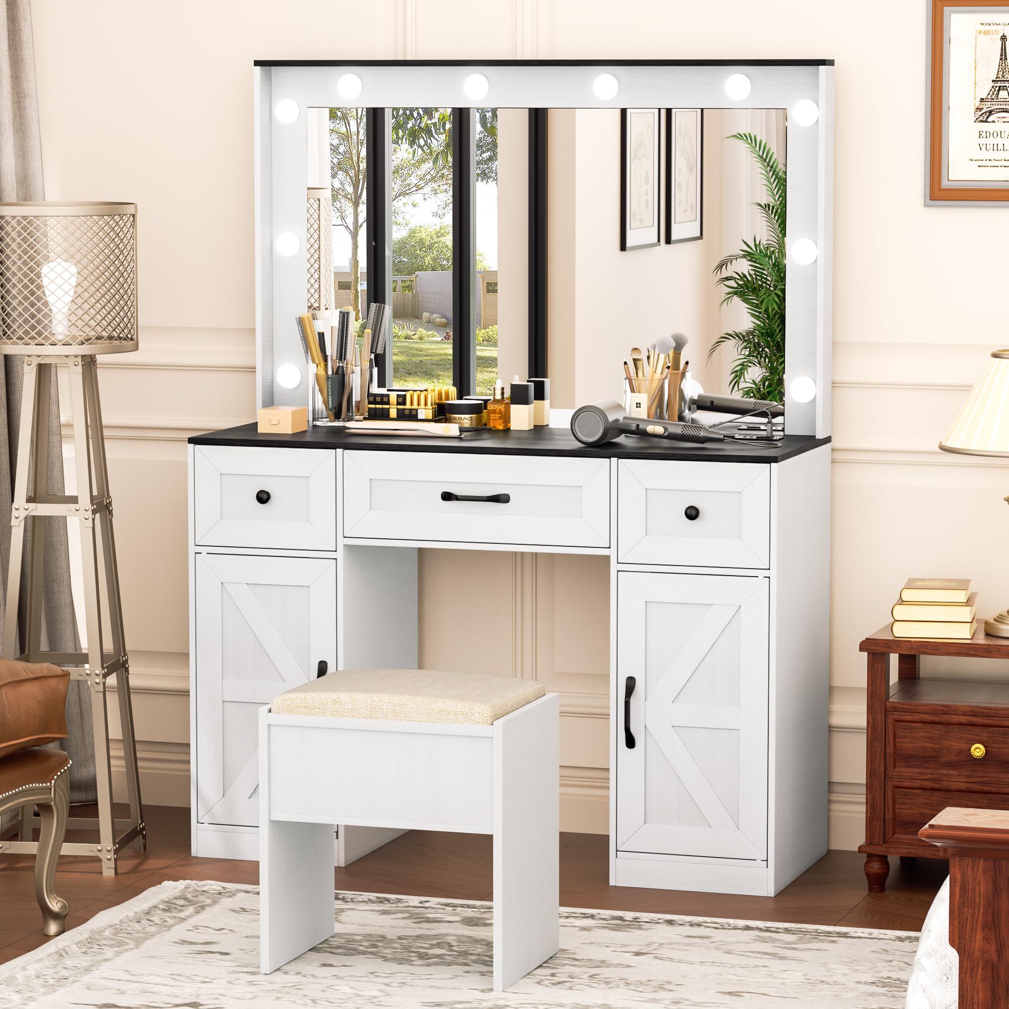 Greenvelly Farmhouse Vanity Set with Lights - White Vanity Desk with Mirror, 3 Lighting Modes, Drawers & Matching Chair - Dressing Table for Women & Girls | Perfect for Bedroom, Makeup Room & Home Decor