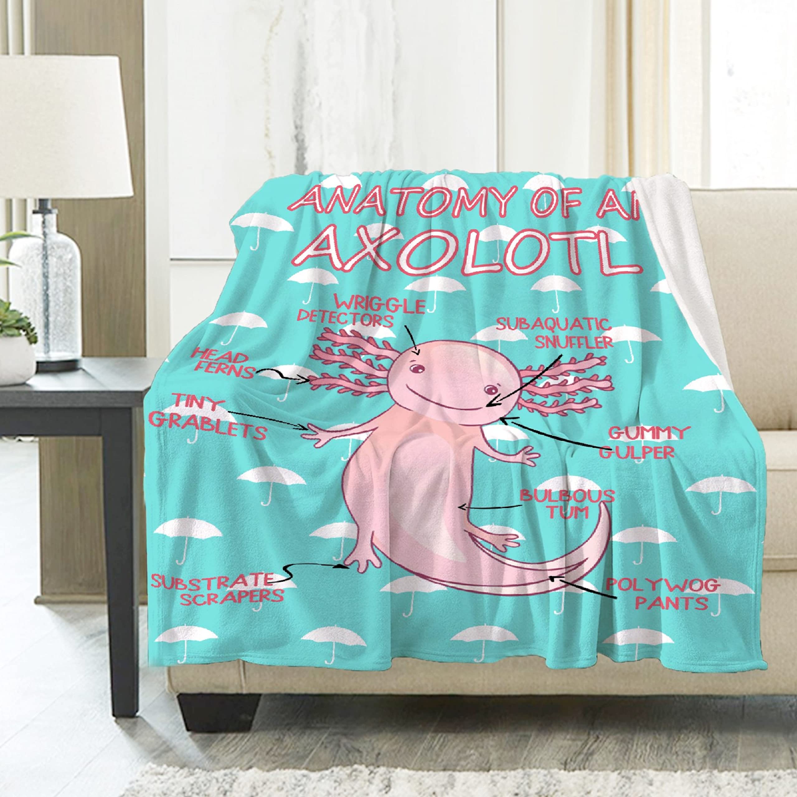 Soft Flannel Fleece Axolotl Blanket Throw - Mexican Salamander Design - Lightweight Cozy Animal Blanket for Sofa, Bed, Couch & Travel - Perfect Gift for Axolotl Lovers - 120x90 Inches - Great for Family Movie Nights, Camping & Home Decor