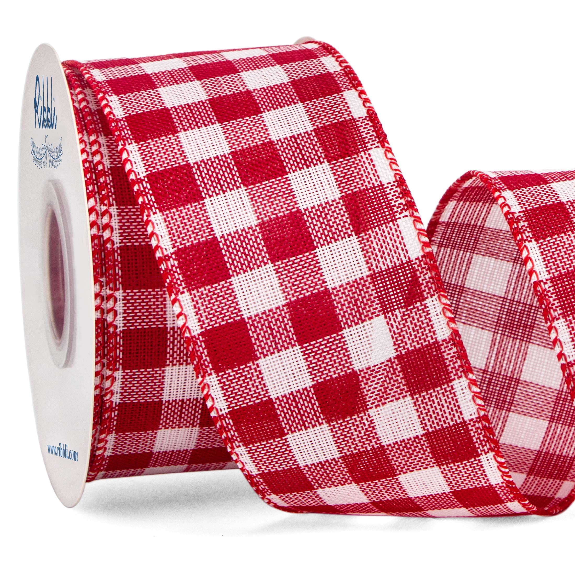 Ribbli Red and White Buffalo Plaid Wired Ribbon - 2.5 Inch x 10 Yards - Christmas Tree Decorations, Wreath Bows, Gift Wrapping, Holiday Crafts - Perfect for DIY Home Decor, Wedding Centerpieces, and Seasonal Party Decorations