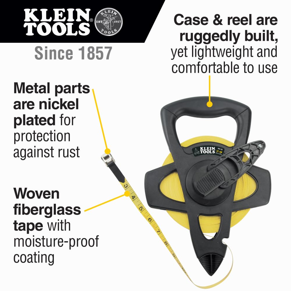 Klein Tools 946-150 150-Foot Woven Fiberglass Tape Measure - Durable Open-Reel Construction for Construction, Electrical Work & DIY Projects