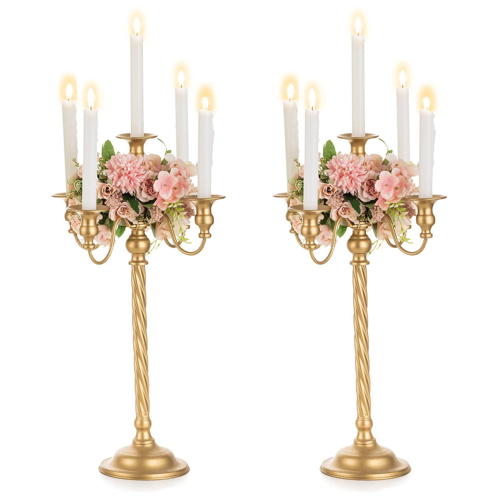 Gold 5-Arm Tall Candle Holder Set of 2 - 21 Inch Metal Candelabra for Weddings, Fireplace, Halloween & Church Decor - Elegant Table Centerpiece for Home & Special Occasions