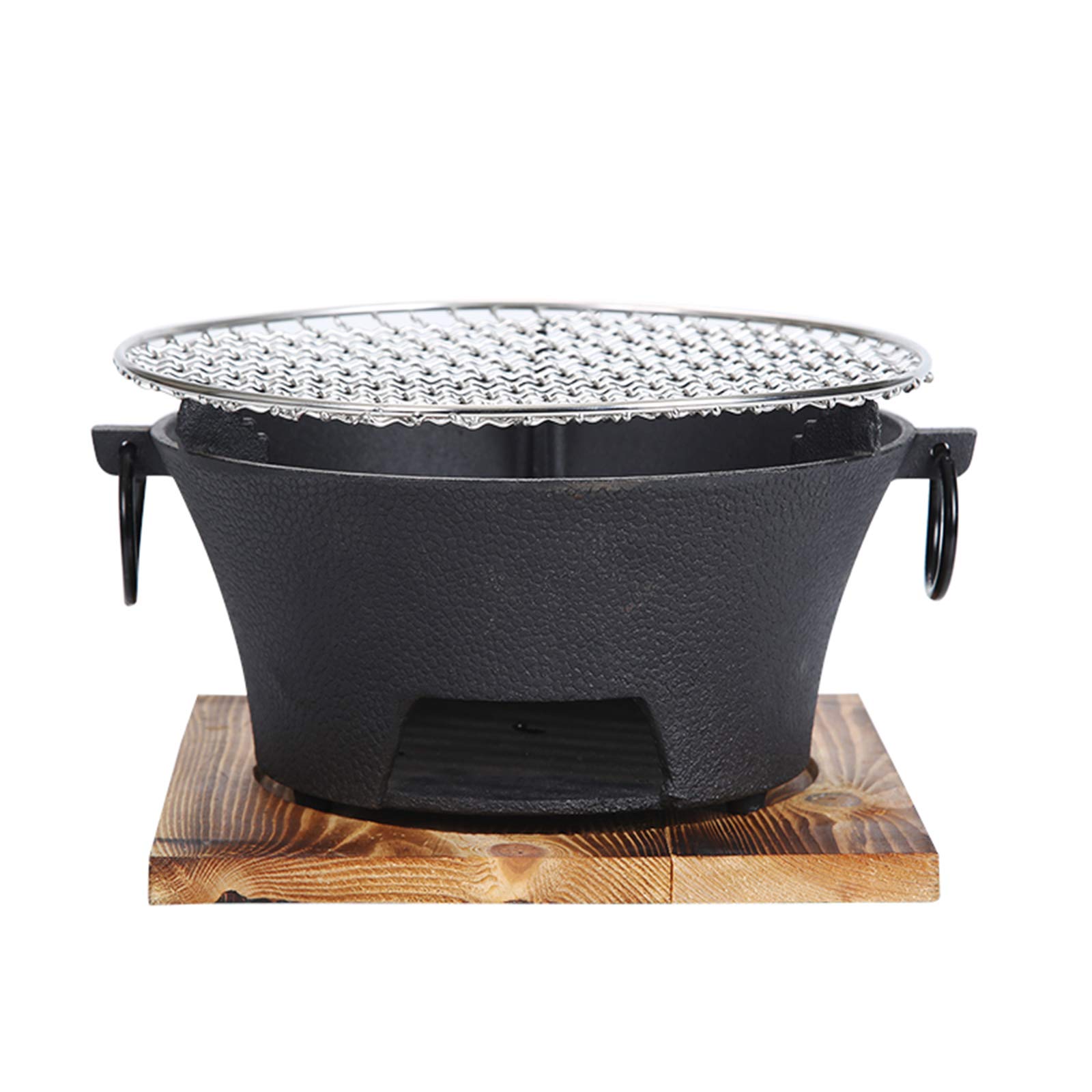 Premium Cast Iron Grill - Portable Table Top Charcoal BBQ Grill with Wire Mesh & Wooden Base | Japanese Style Home & Camping Cooking Grill for Outdoor Picnics, Backyard Parties & Tailgating