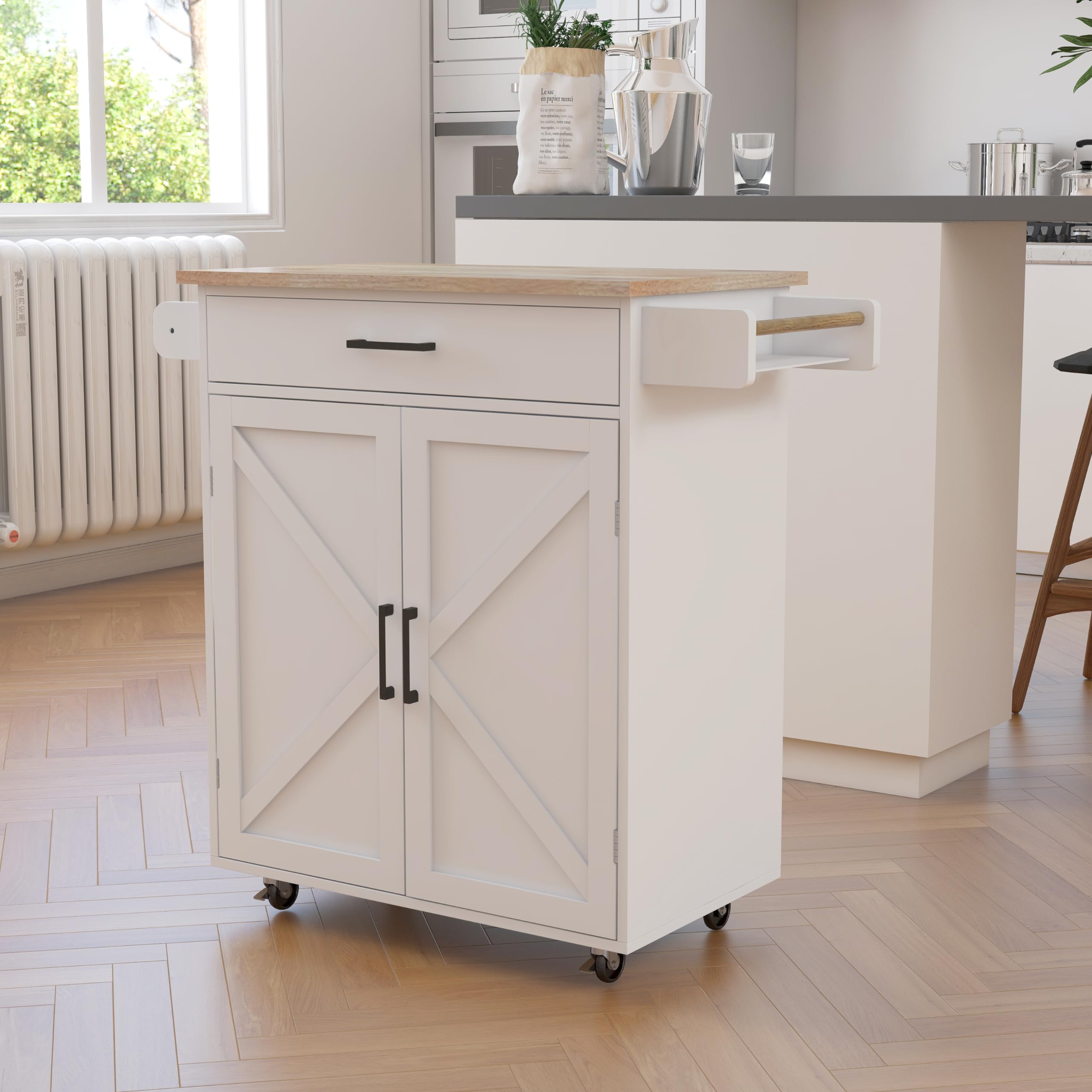 RASOO White Rolling Kitchen Island Cart with Storage - Adjustable Shelf, Solid Wood Countertop, Towel & Spice Rack - Mobile Kitchen Organizer for Small Spaces, Dining Room & Apartment Cooking