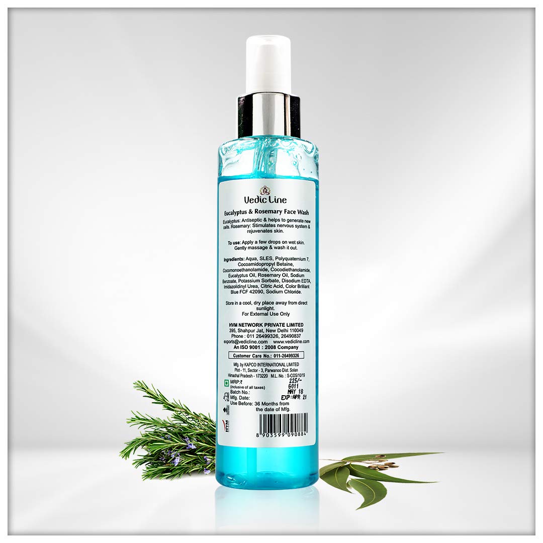 Vedicline Eucalyptus and Rosemary Face Wash for Acne & Blemish Control - 200ml Cleansing Formula for Clear, Refreshed Skin | Perfect for Daily Skincare Routine & Post-Workout Cleansing