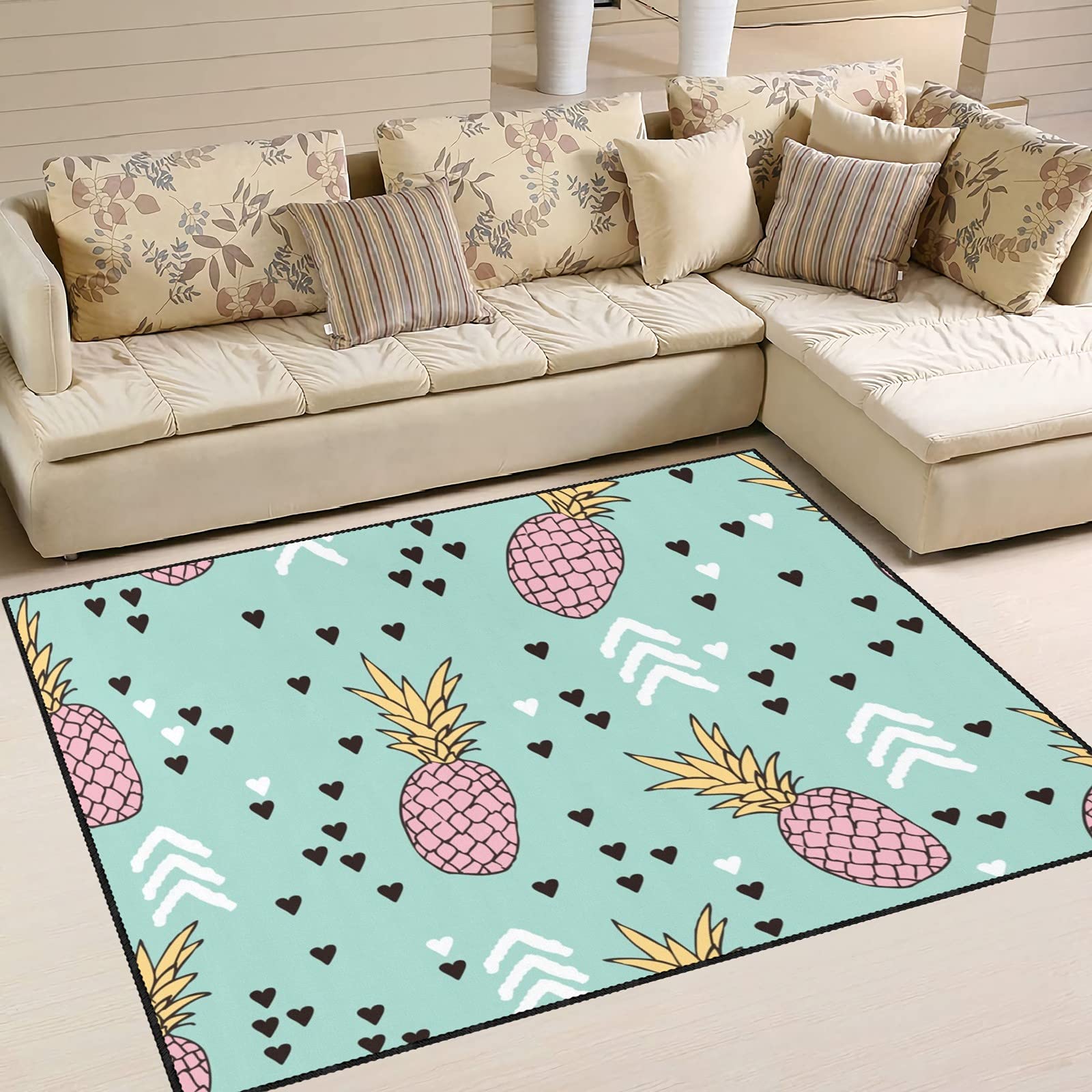 Non-Slip Pineapple Sweet Hearts Area Rugs - 5.2'x7.5' Soft Floor Mat for Kids Room, Living Room, Bedroom & Kitchen Decor | Perfect Playroom Gift & Home Accent for Tropical Themed Spaces