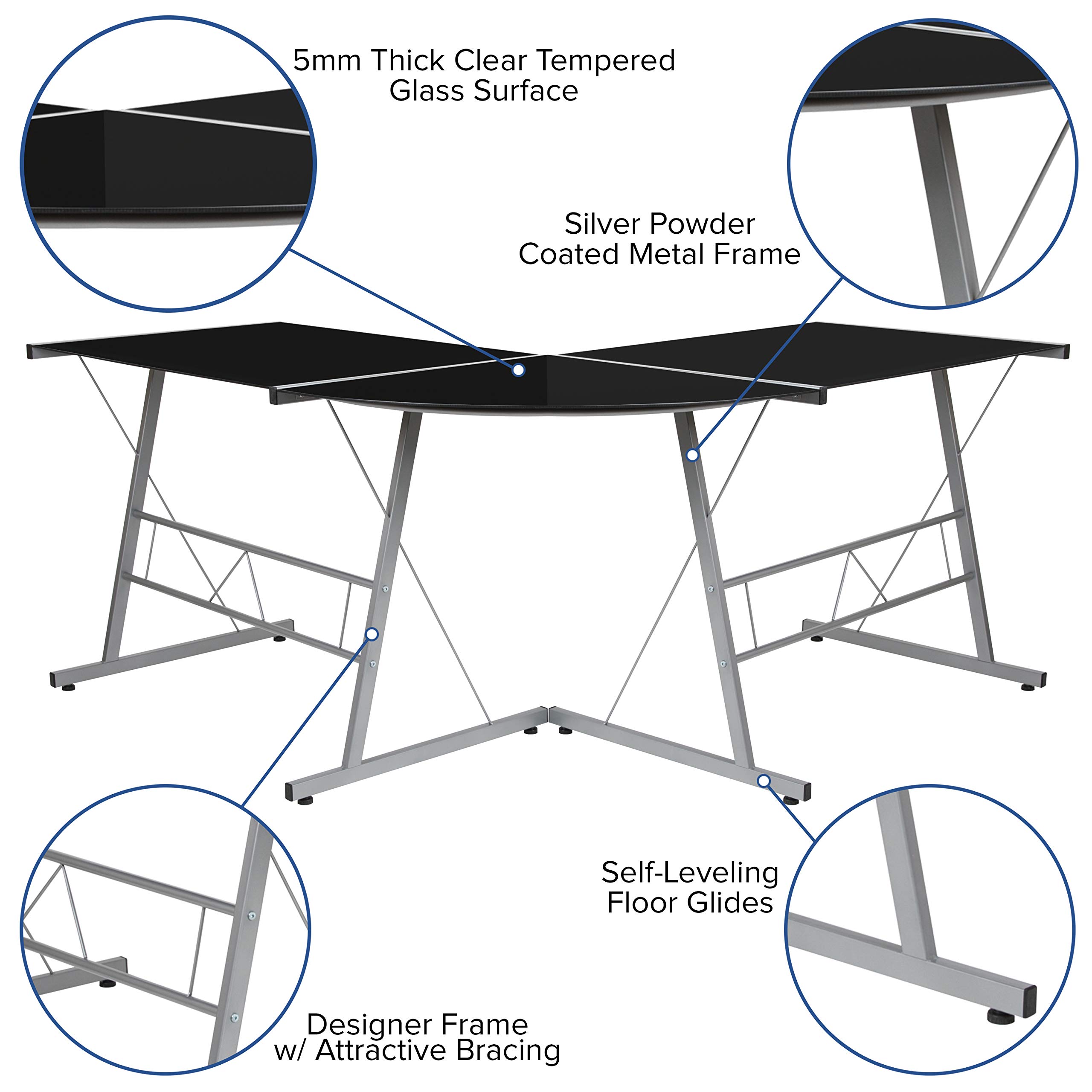 EMMA + OLIVER Black L-Shaped Corner Glass Computer Desk for Gaming & Home Office - Perfect for Small Spaces, Workstations & Modern Home Decor