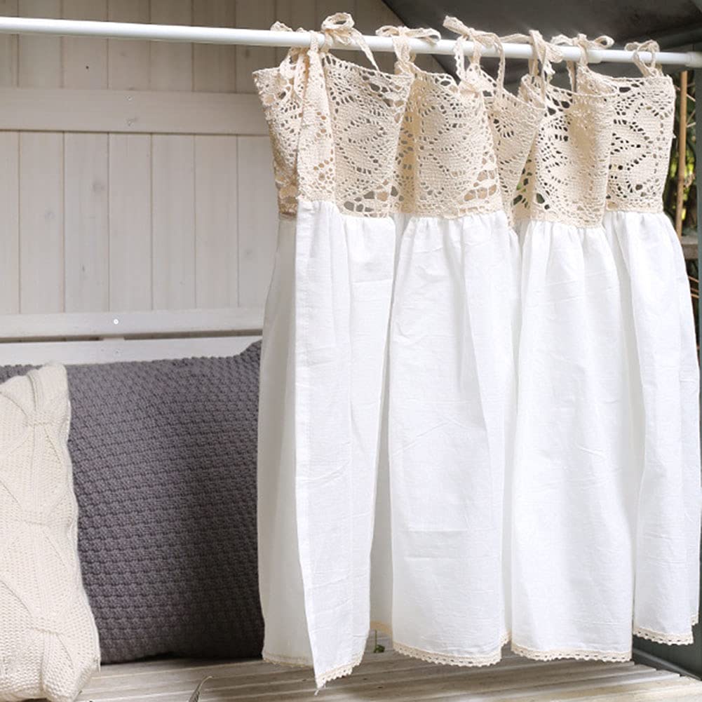 Vctops Cotton Crochet Tiered Curtains - Semi-Sheer Rustic Kitchen & Cafe Curtains with Tie-Top Design, 1 Panel (White, 47x25 Inches) - Perfect for Small Windows, Farmhouse Decor, and Cozy Dining Spaces