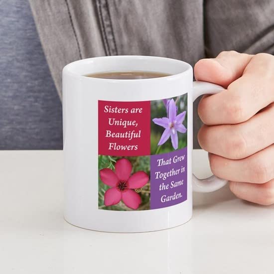 Sisters Coffee Mug - 11 oz (325 ml) Ceramic Cup with Two Flowers Design - Perfect for Sibling Gifts, Birthday Presents & Family Tea Time