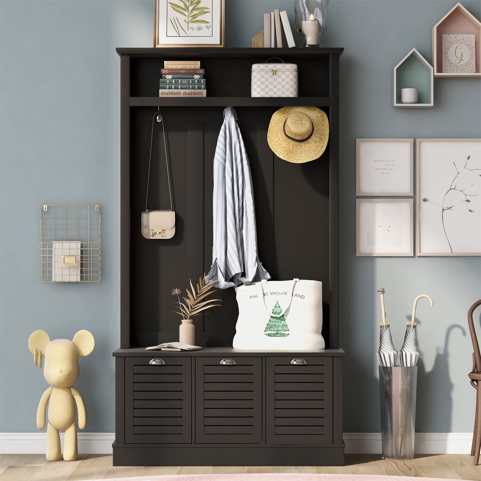 3-in-1 Wooden Hall Tree Storage Bench with 3 Hooks & 3 Large Drawers - Entryway Coat Rack & Shoe Storage Organizer for Living Room, Hallway, Mudroom - Perfect for Small Spaces & Home Organization (Black)