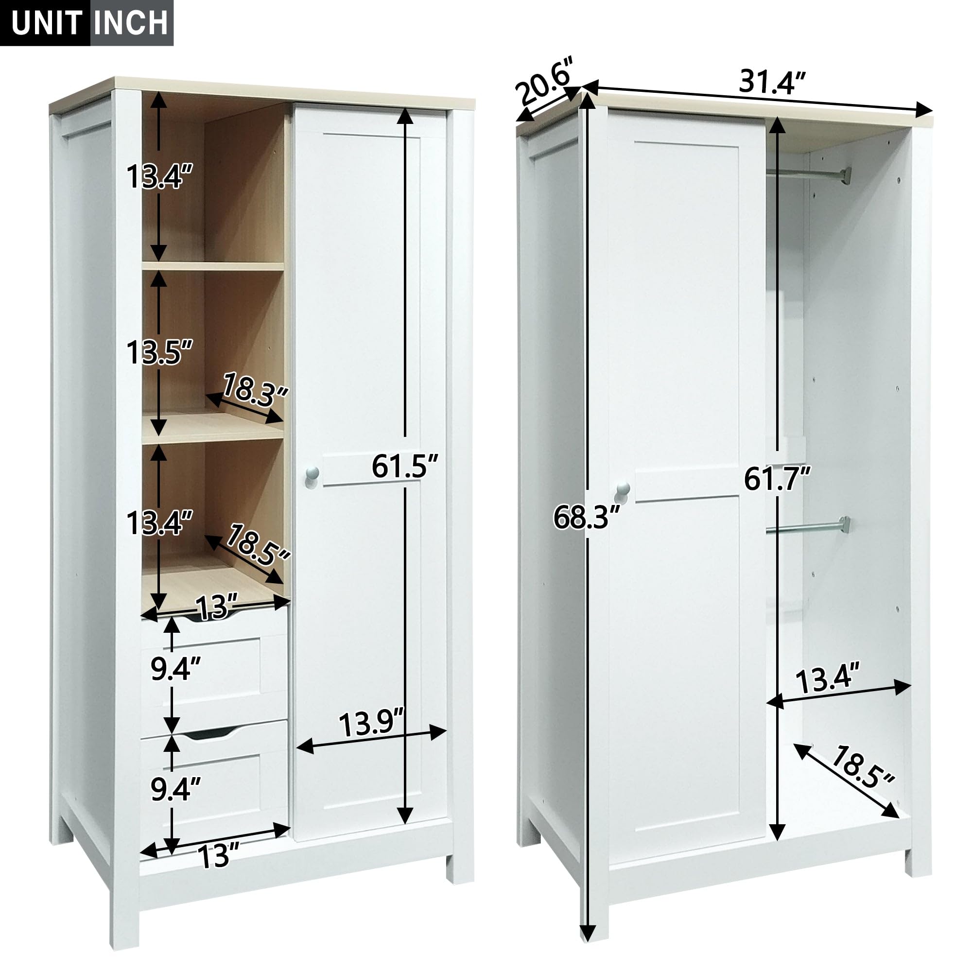 Modern White Wooden Armoire Wardrobe with Sliding Door & 2 Drawers - Freestanding Closet Organizer with Hanging Rod (31.4