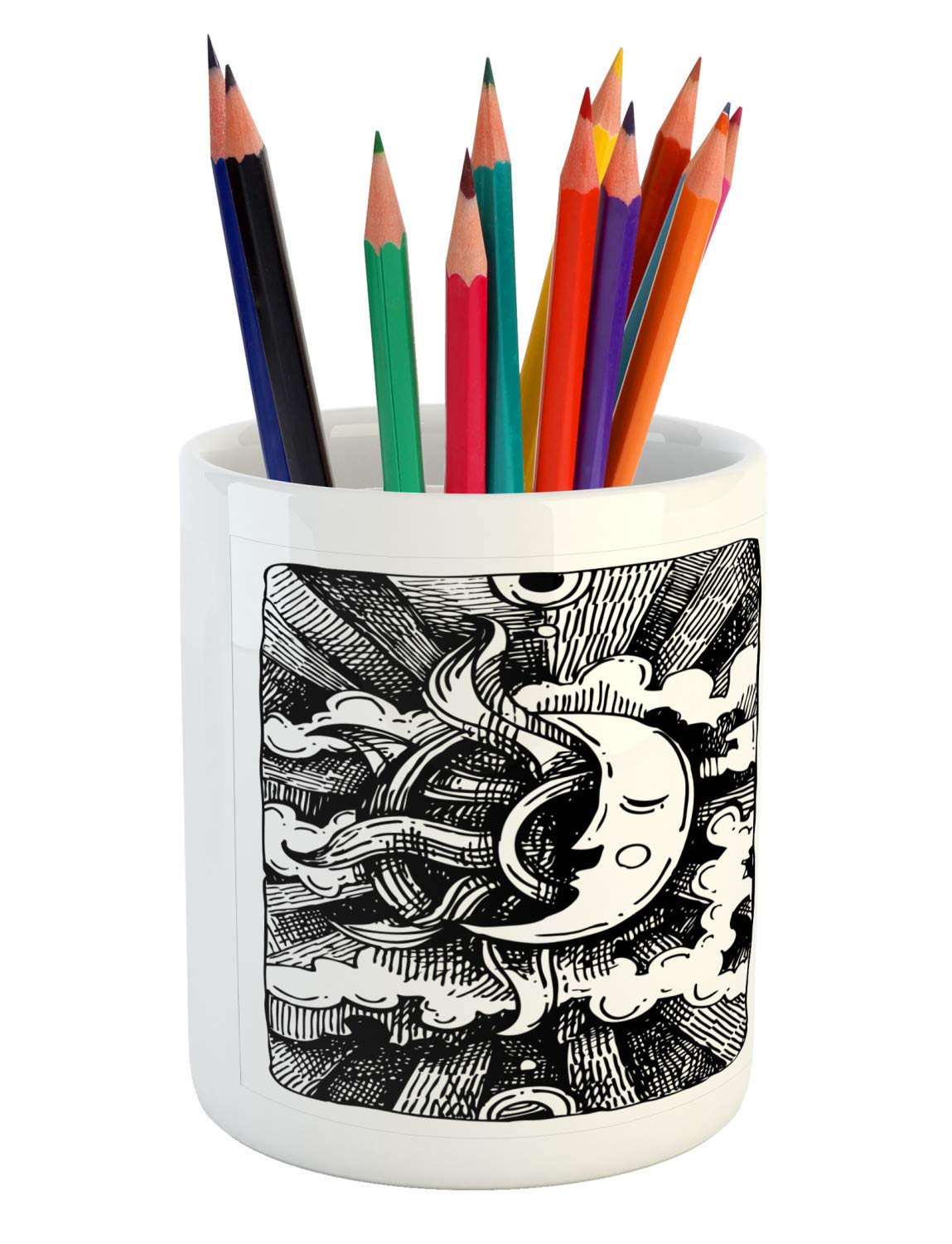 Celestial Sun and Moon Ceramic Pen Holder – Anthropomorphic Face Design for Desk & Office Organization | White & Black Pencil Cup for Artists, Writers & Students
