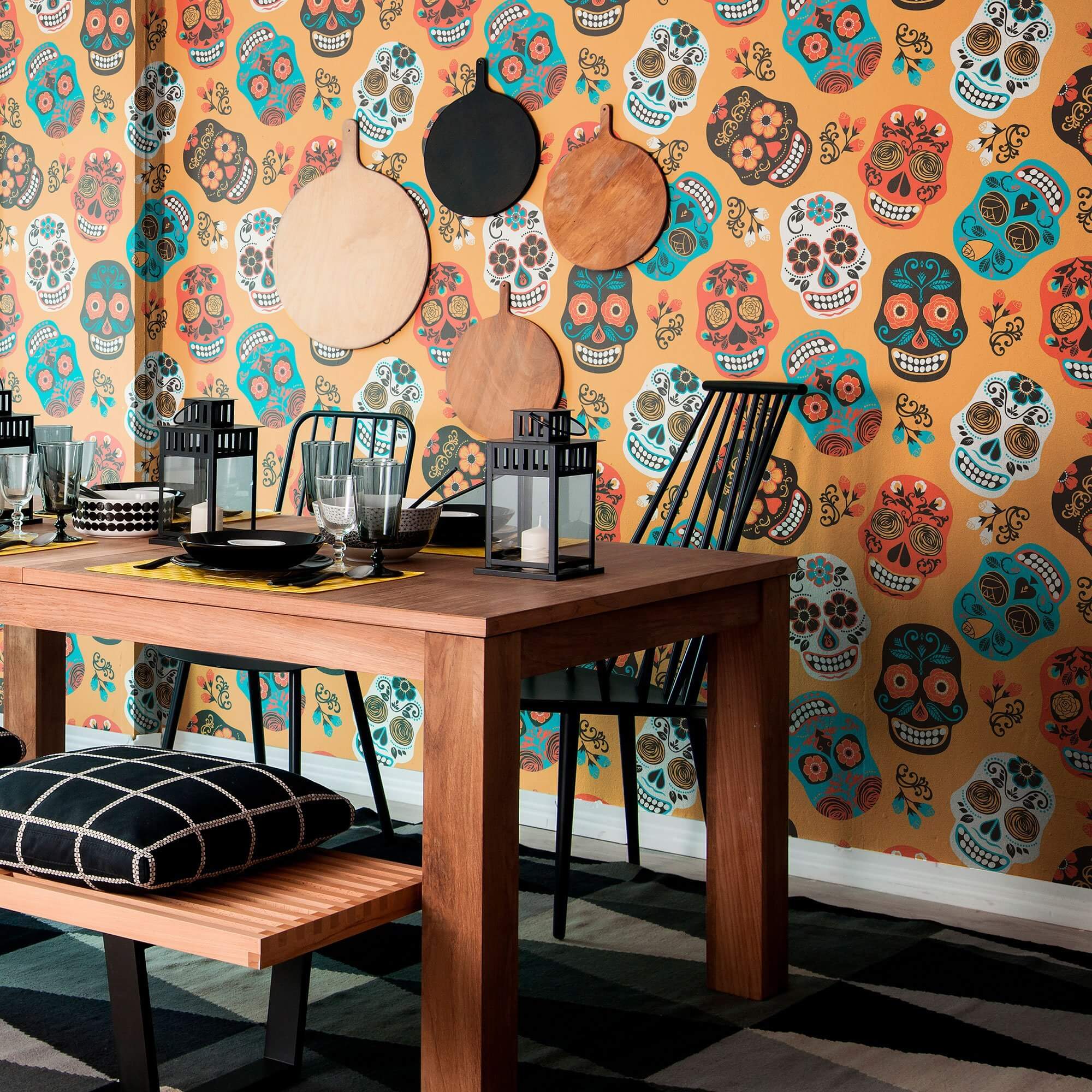 Orange and White Skulls Themed Peel and Stick Removable Wallpaper - Self-Adhesive Decorative Wall Covering for Bedroom, Living Room, or Office Decor