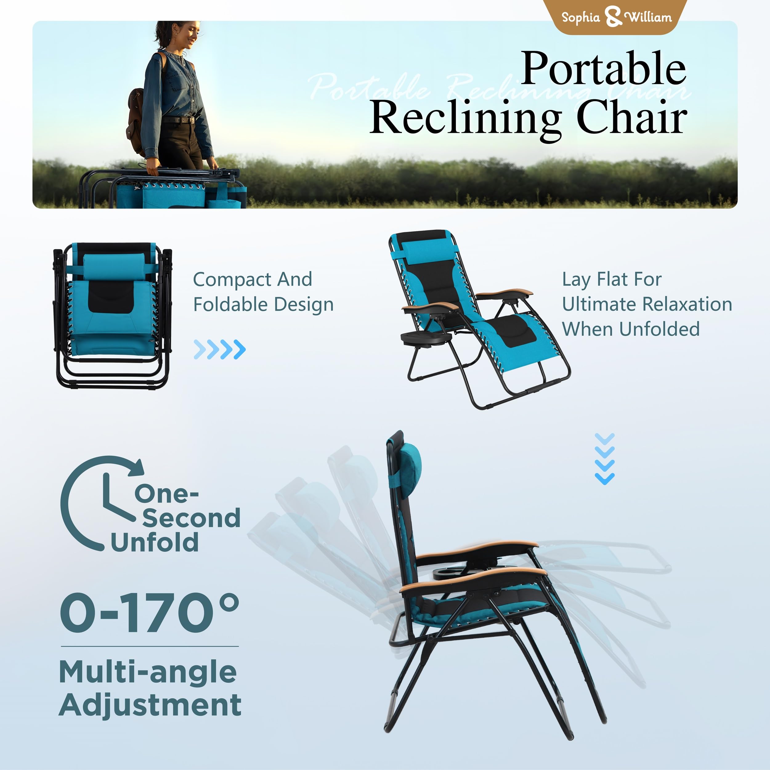 Sophia & William Oversized XL Zero Gravity Recliner Chair Set of 2 - Heavy Duty 400 LBS Capacity Adjustable Folding Lounge Chairs with Padded Seat, Wide Armrests & Cup Holders - Perfect for Patio, Backyard, Poolside Relaxation and Outdoor Lounging (Aqua Blue)