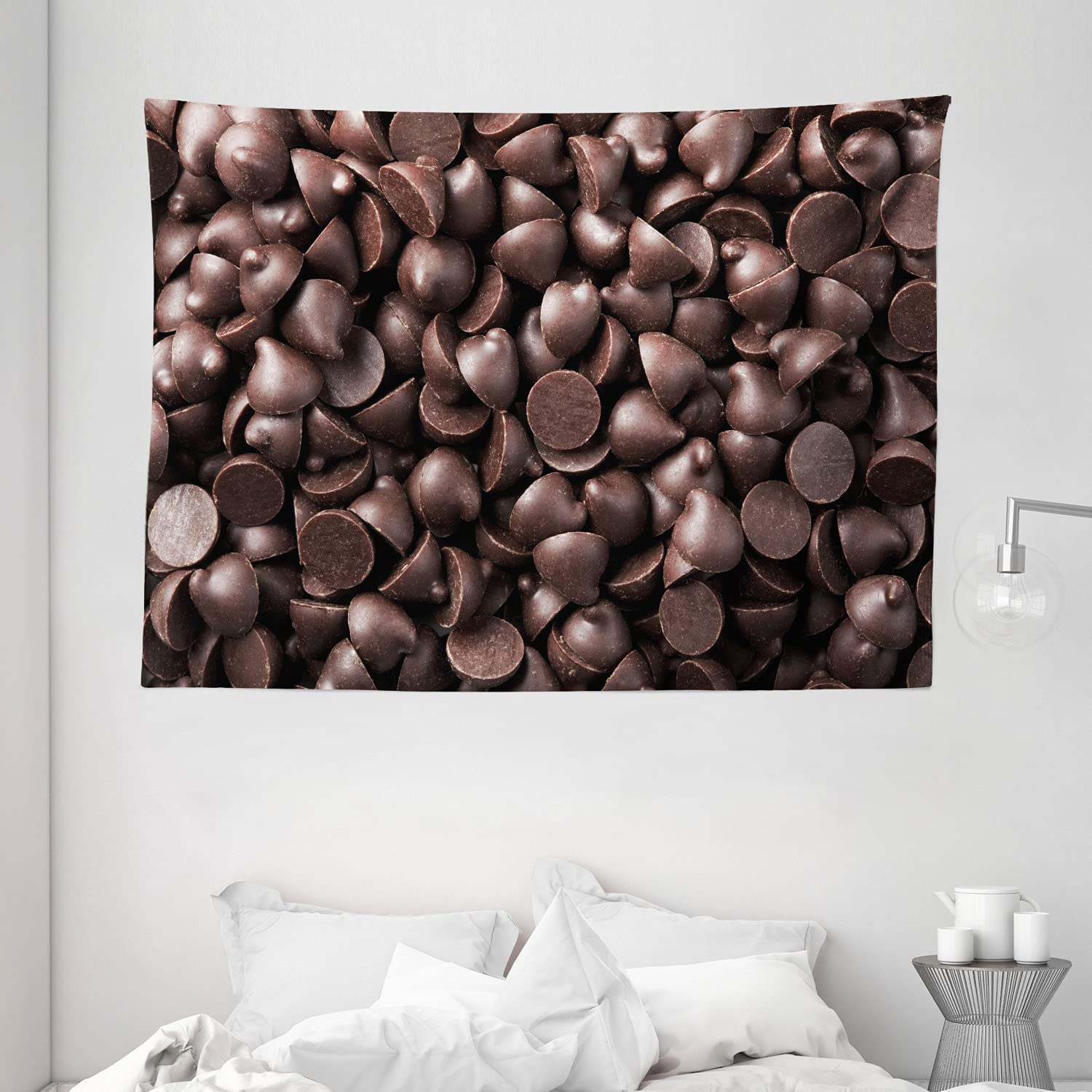 Ambesonne Chocolate Tapestry - Close Up Food Photography of Chocolate Chips, Delicious Dessert Baking Gourmet Print Wall Hanging - 80