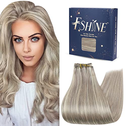 Fshine 20 Inch Hand-Tied Weft Hair Extensions - 100g Gray Blonde & Platinum Blonde Real Human Hair - Double Weft Remy Hair for Long Straight Voluminous Look | Perfect for Weddings, Parties & Daily Styling