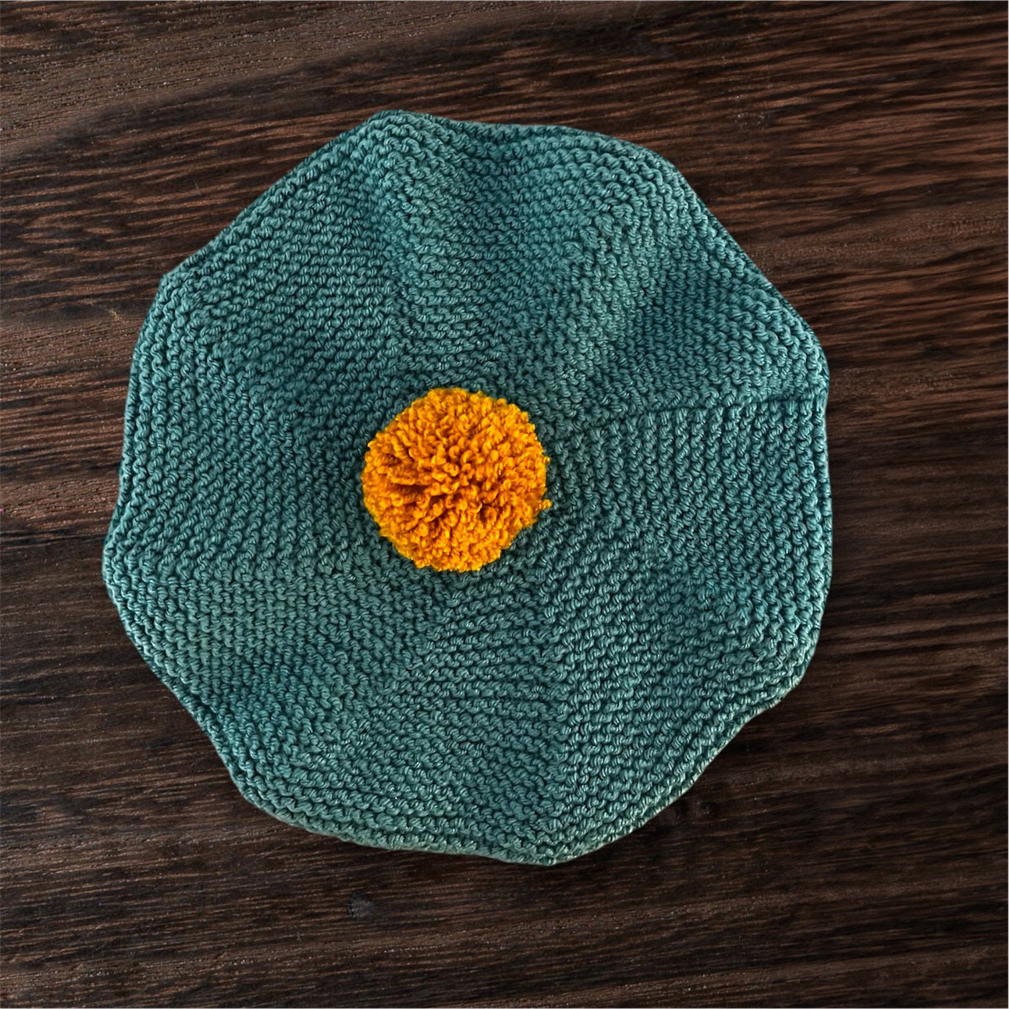 Stylish Blue and Mustard Pom Pom Beret by RKO - Perfect for Winter Fashion, Holiday Outfits & Photoshoots