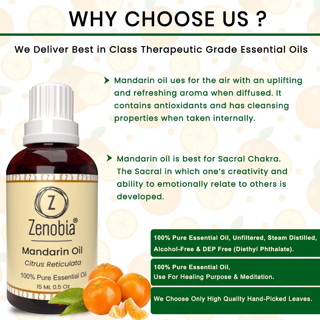 Zenobia Mandarin Essential Oil - 100% Pure Natural Therapeutic Grade for Hair, Beard, Skin & Body Care - Promotes Shine & Hydration - 15ml - Perfect for Aromatherapy, Massage & DIY Beauty Products