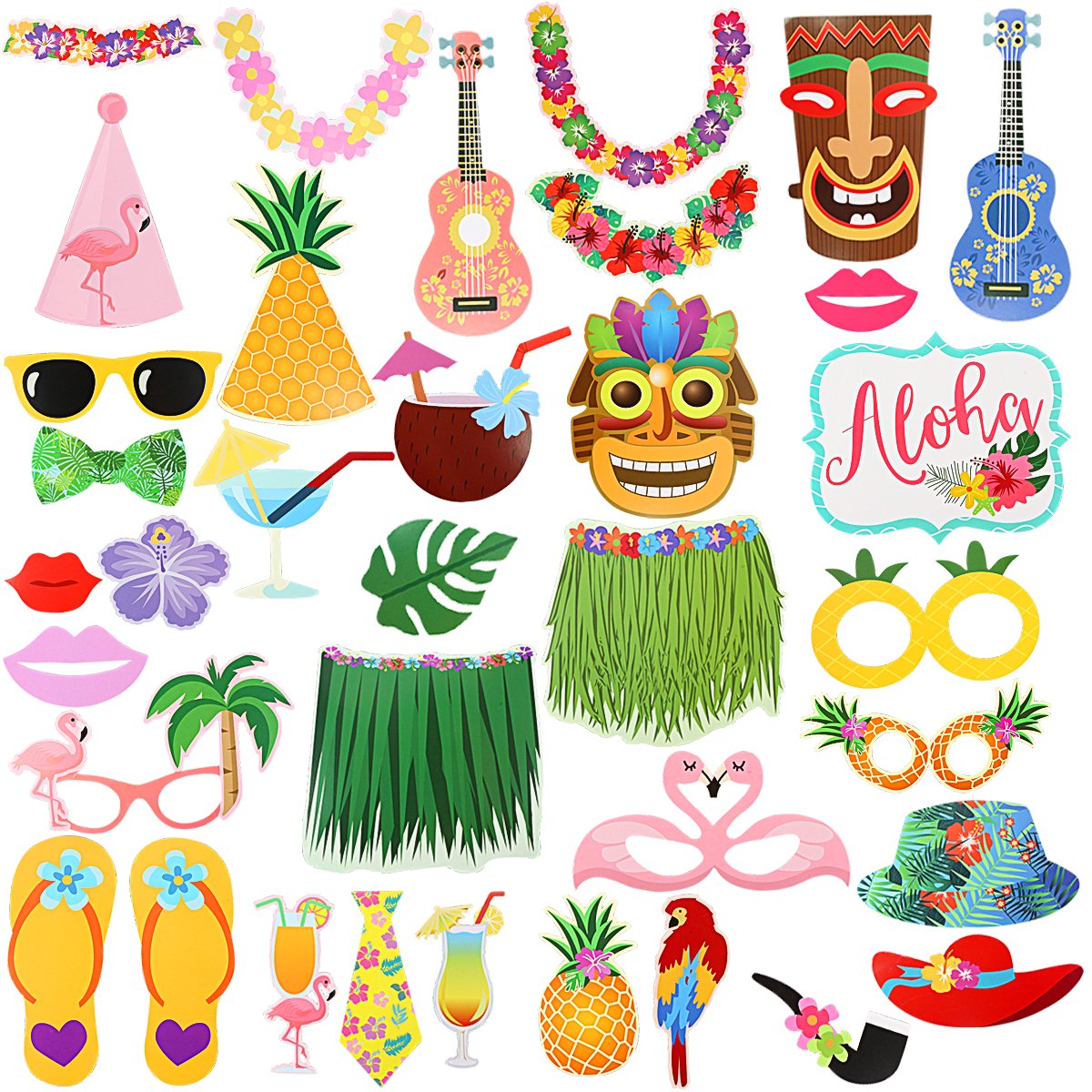 LeeSky 36Pcs Luau Photo Booth Props Kit - Colorful Floral Tropical Theme - Cardstock & Wood Sticks - Perfect for Hawaiian Luau, Beach Party, Summer Vacation, Tiki Theme & Tropical Events - Great for Birthday, Wedding, Baby Shower & Holiday Celebrations