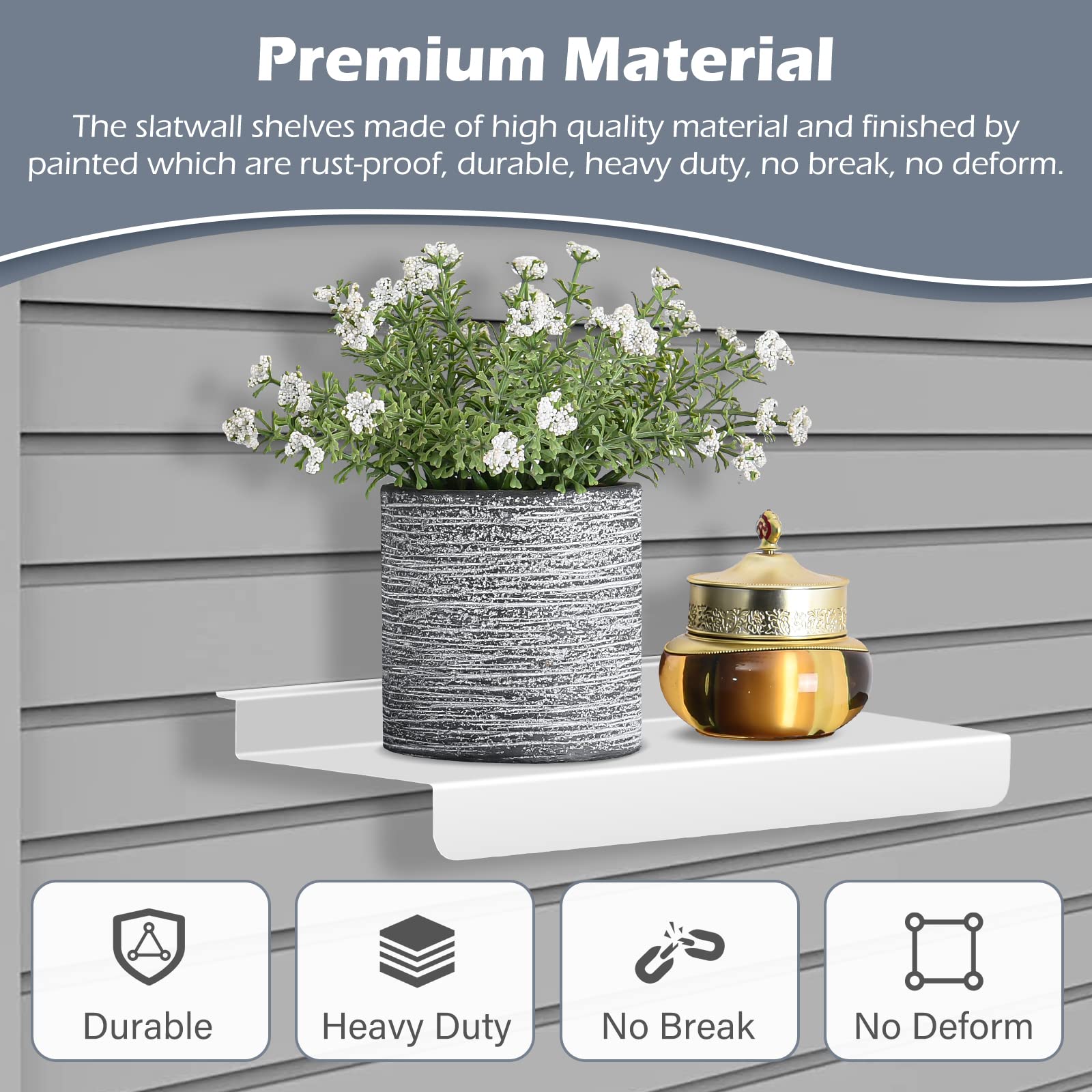 8-Pack White Metal Slatwall Shelves - 4x10 Inch Wall-Mounted Storage Shelves for Retail Display & Home Organization - Modern Tiered Design, Durable Flat Shelves - Perfect for Store Fixtures, Pantry Organization & Garage Storage
