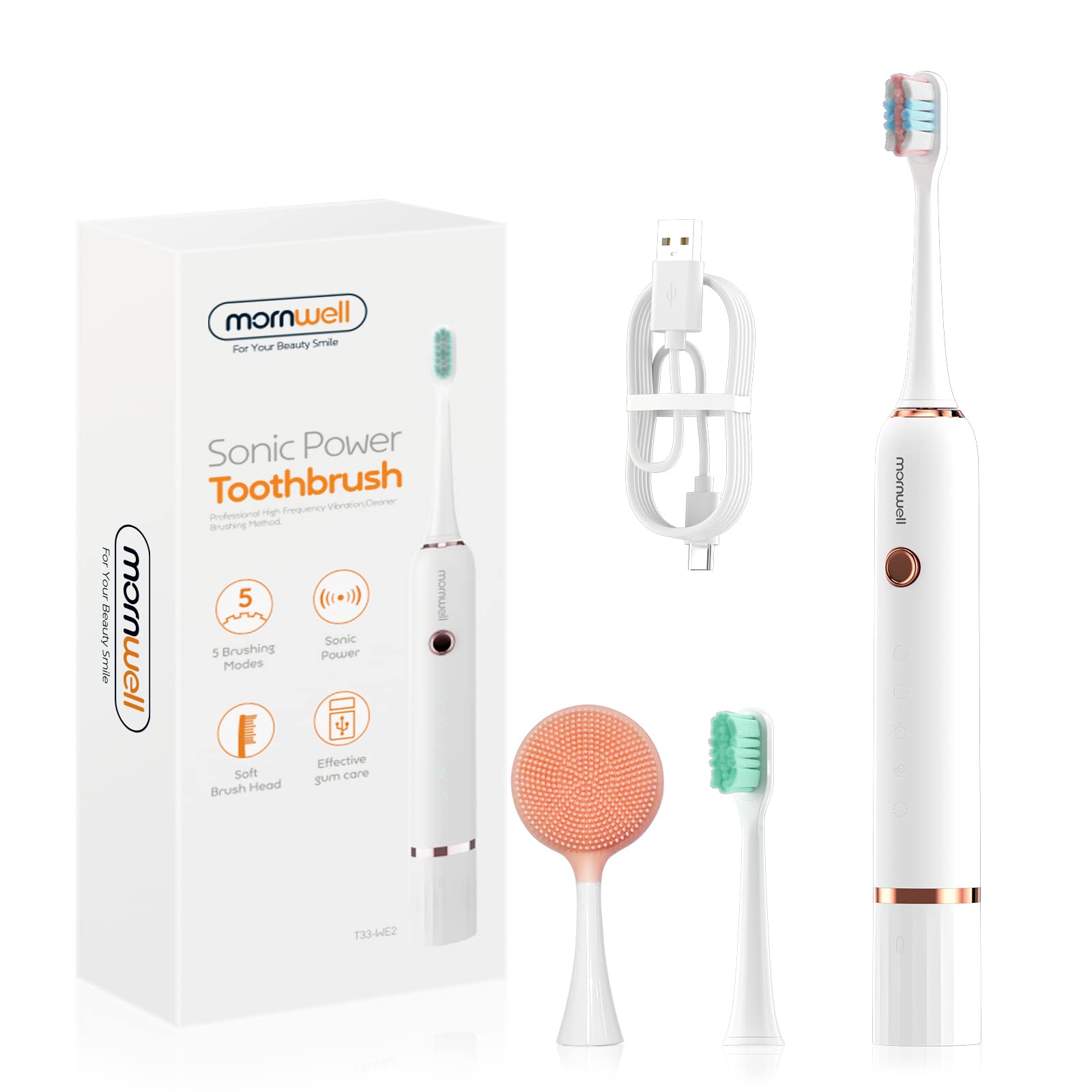 Sonic Electric Toothbrush for Adults & Kids - Mornwell Whitening Toothbrush with 5 Cleaning Modes, Smart Timer & USB Rechargeable (90-Day Battery Life) - Perfect for Travel, Home & Daily Oral Care