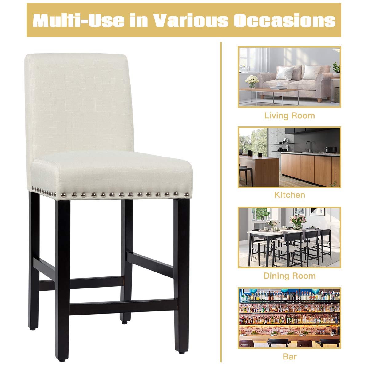 S AFSTAR Set of 4 Mid Century Modern Dining Chairs - Upholstered Fabric Counter Height Stools with High Resilience Sponge Seat & Rubber Wood Legs for Kitchen, Bar, Dining Room - Beige (4-Piece Set) - Perfect for Breakfast Nooks, Kitchen Islands and Small Space Dining