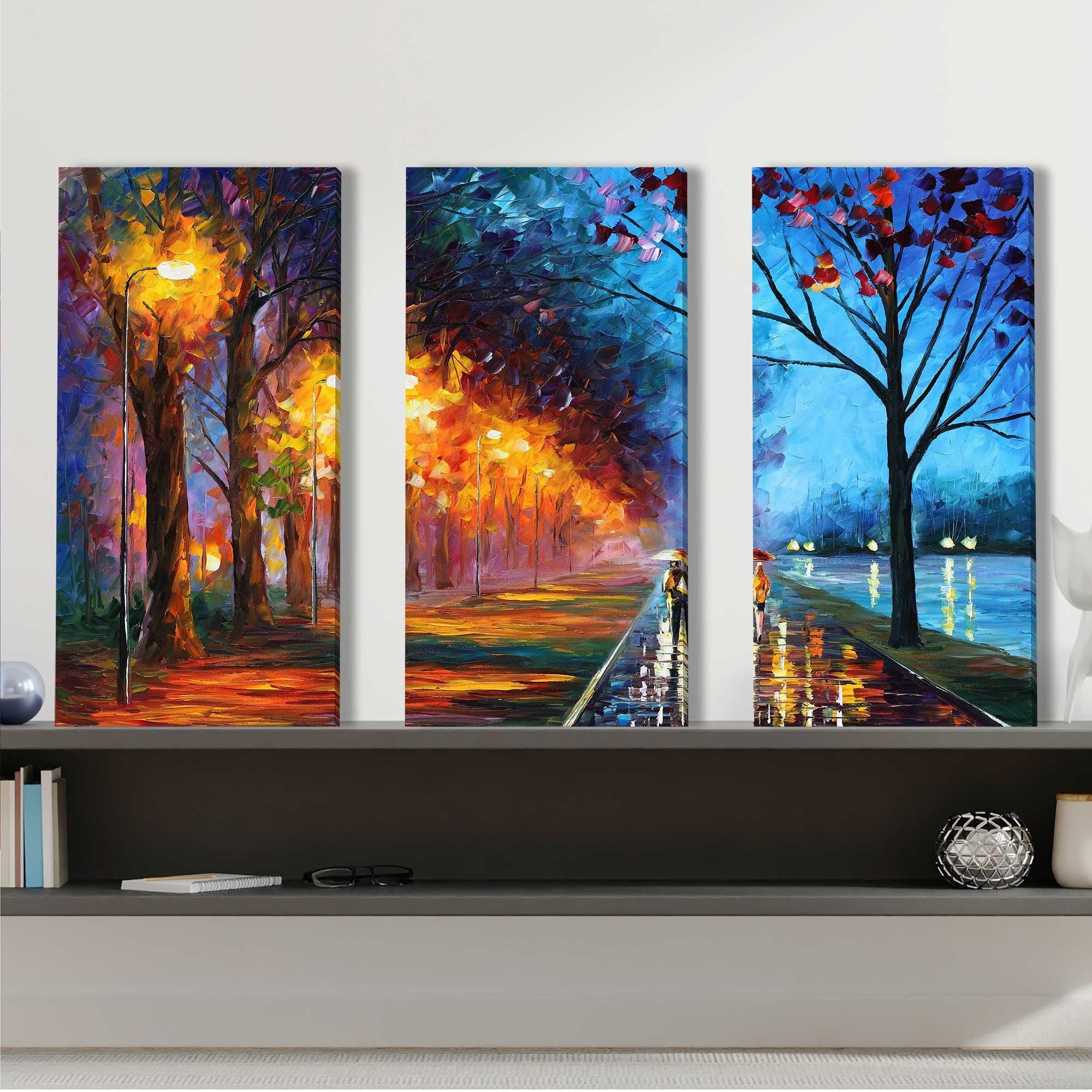 Leonid Afremov Alley By The Lake 3-Piece Canvas Wall Art Set - Vibrant Hand-Painted Oil Painting for Living Room, Bedroom & Office Decor