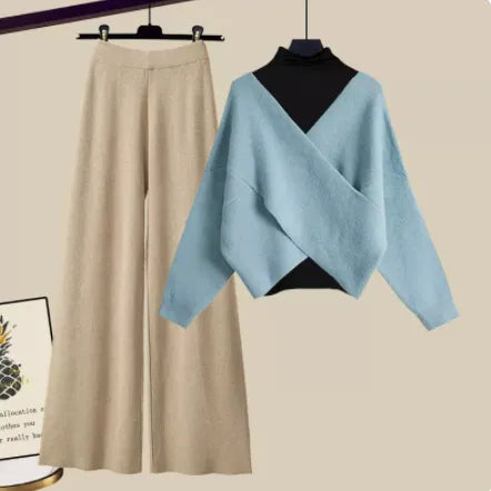 Women's Fall Winter Warm Knit Three Piece Set - Elegant V Neck Sweater, Basic Top & Wide Leg Knitted Pants Outfit for Office Ladies | Cozy Workwear & Casual Winter Fashion