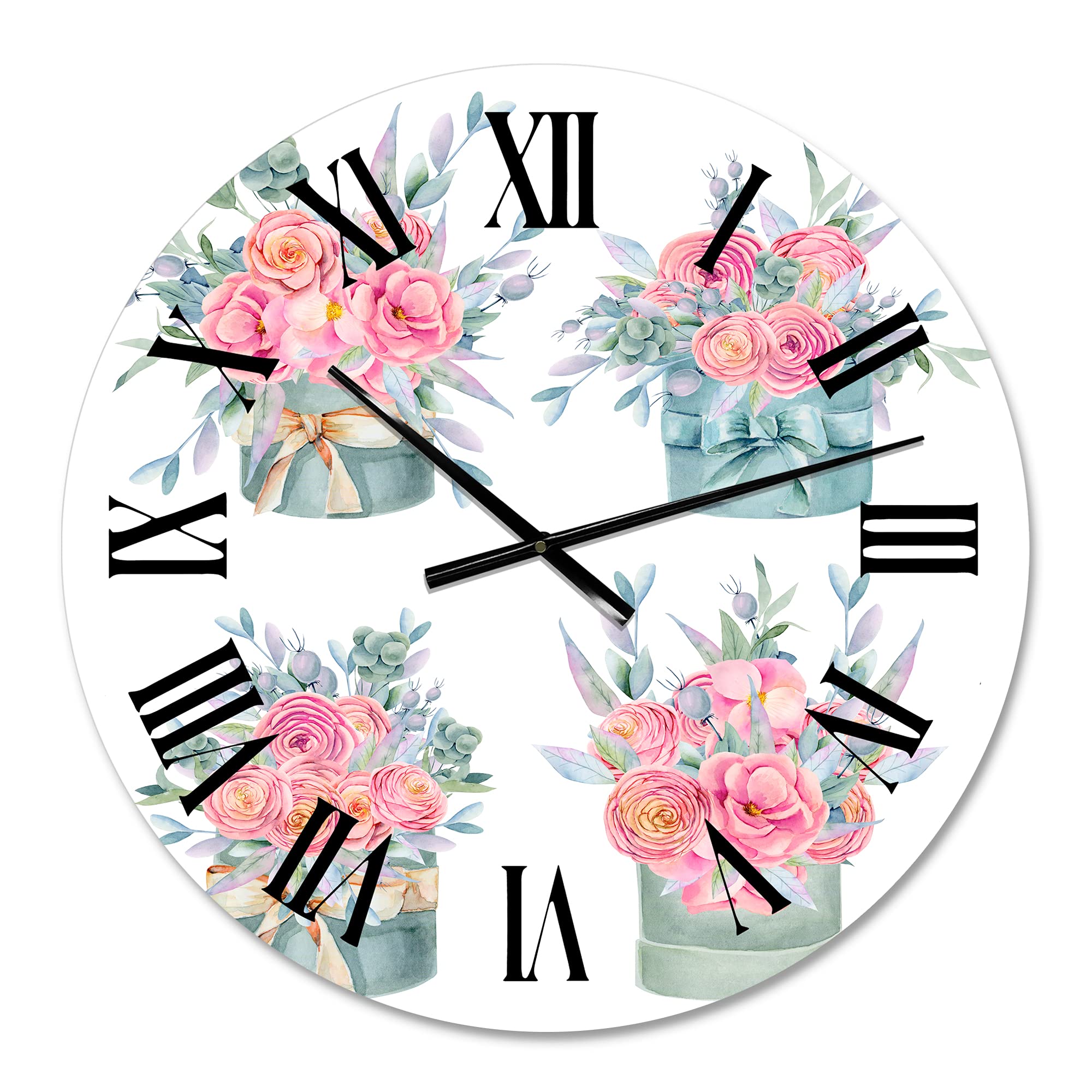 DesignQ Farmhouse Wall Clock - Large Pink Roses Floral Wall Decor for Kitchen, Living Room, Bedroom | Perfect for Rustic Home Decor & Gift Giving