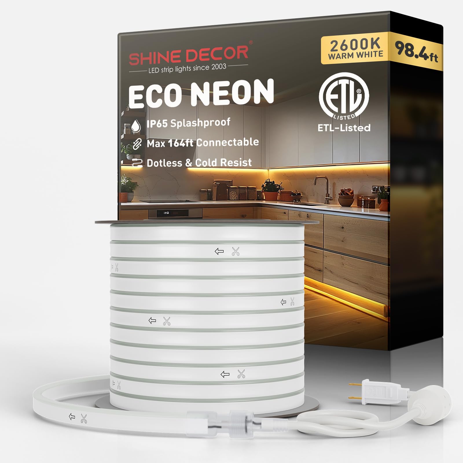 Shine Decor LED Rope Lights 120V - Connectable & Cuttable Dotless 120LEDs/M Eco Neon Strip Lighting - ETL Certified IP65 Waterproof Weatherproof - 2600K Warm White 98.4FT - Perfect for Home Decor, Commercial Signage, Outdoor Patio Lighting, and Holiday Decorations