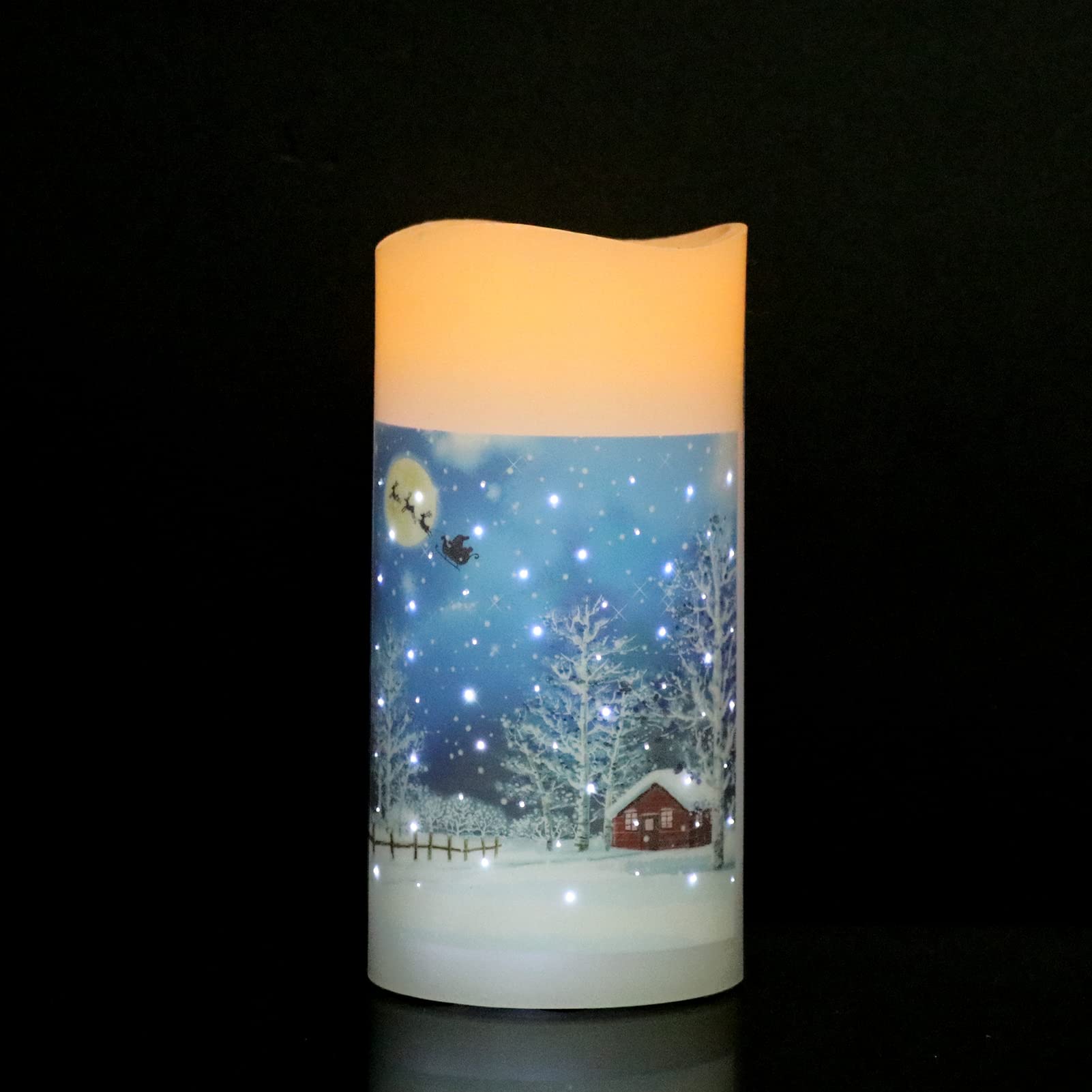 Wondise Flameless LED Candles with 6-Hour Timer - Battery Operated Christmas Window Candles (3x6 Inch) - Real Wax Snowing House Decal for Holiday Home Decor | Perfect for Fireplace, Mantel & Winter Table Centerpiece
