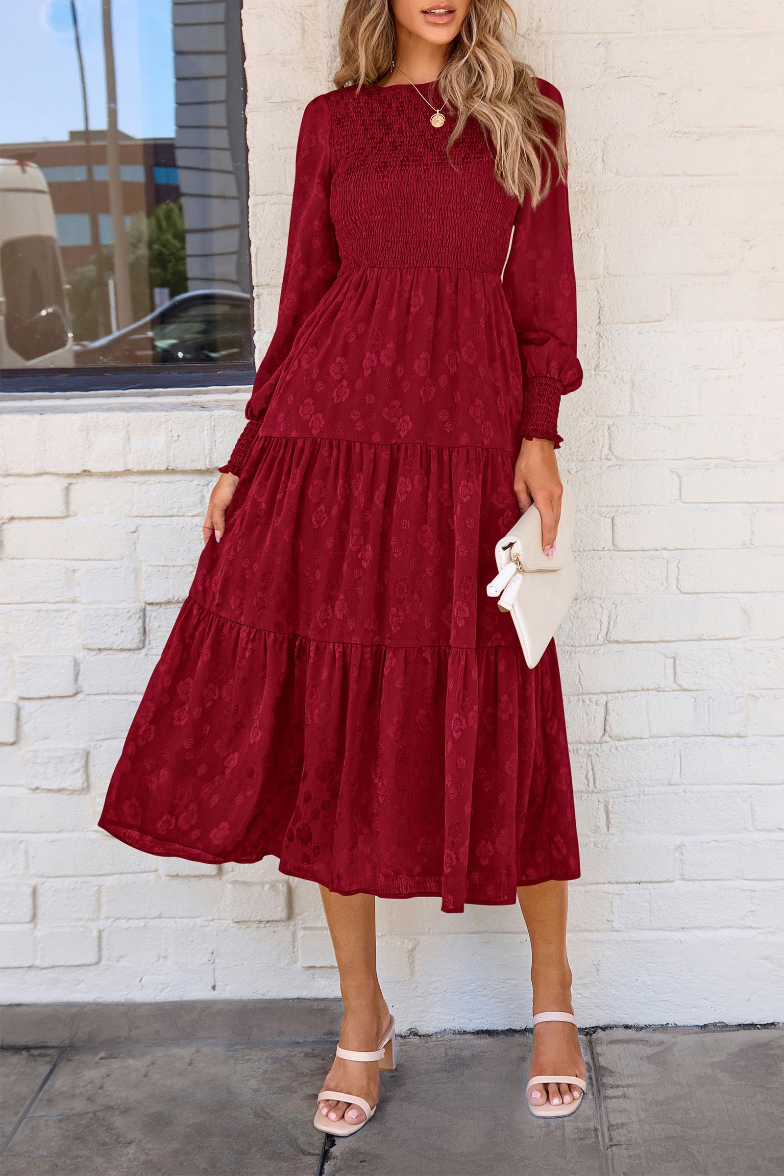 PRETTYGARDEN Women's Floral Midi Dress with Long Sleeves & Pockets - Elegant Smocked Waist Wedding Guest Dress for Spring & Fall | Perfect for Bridal Showers, Garden Parties & Formal Events