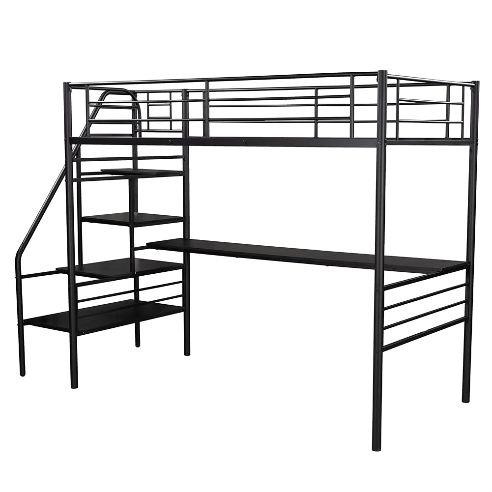 Twin Size Metal Loft Bed Frame with Stairway & Guardrails - Space-Saving Bedroom Furniture with Under-Bed Workstation & Full-Length Desk for Small Apartments, Dorm Rooms & Guest Rooms
