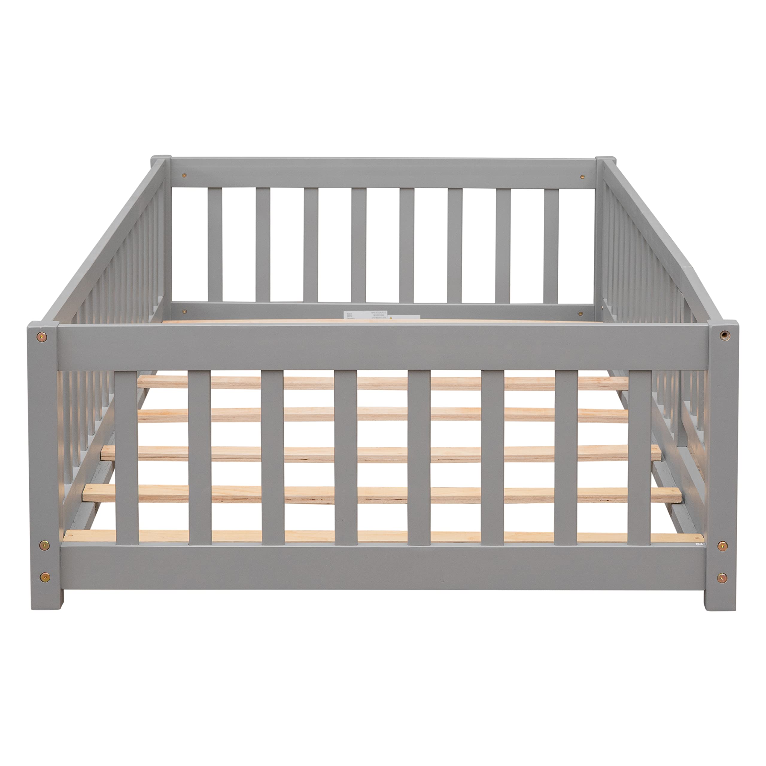 Twin Size Floor Platform Bed with Safety Fence - Wooden Playpen Bed for Kids & Toddlers - No Box Spring Needed - Grey - Perfect for Nursery, Daycare or Kids' Bedroom Safety