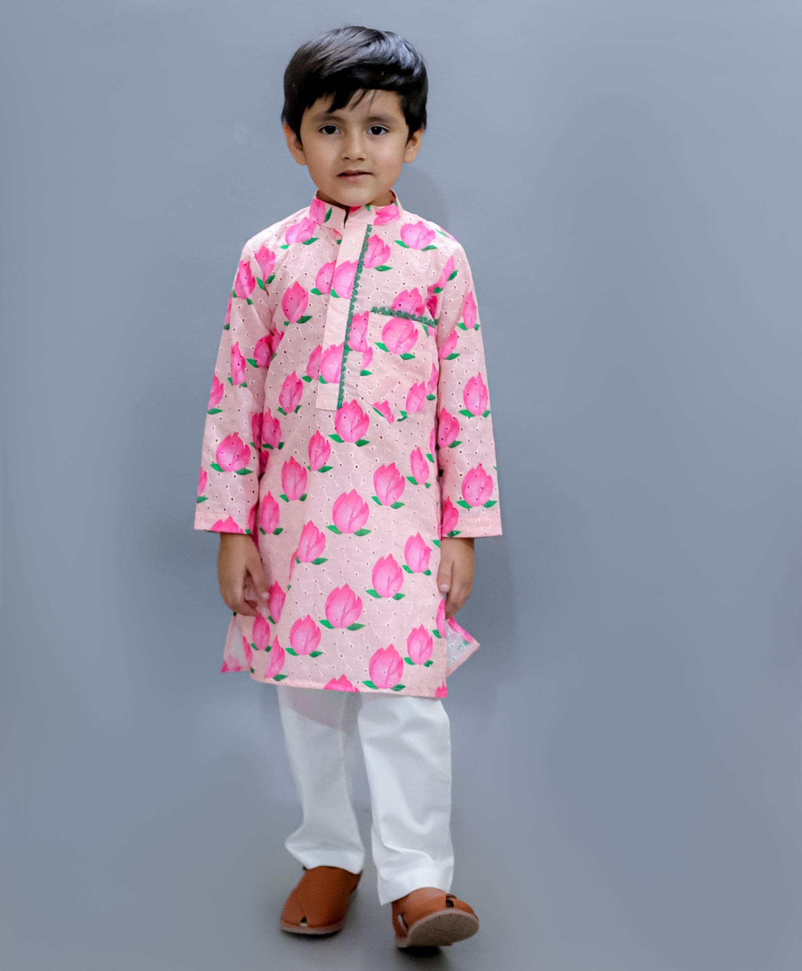 Pre Order: Baby Pink Kurta with Lotus Print - Elegant Indian Ethnic Wear for Women & Girls - Perfect for Festivals, Weddings & Special Occasions