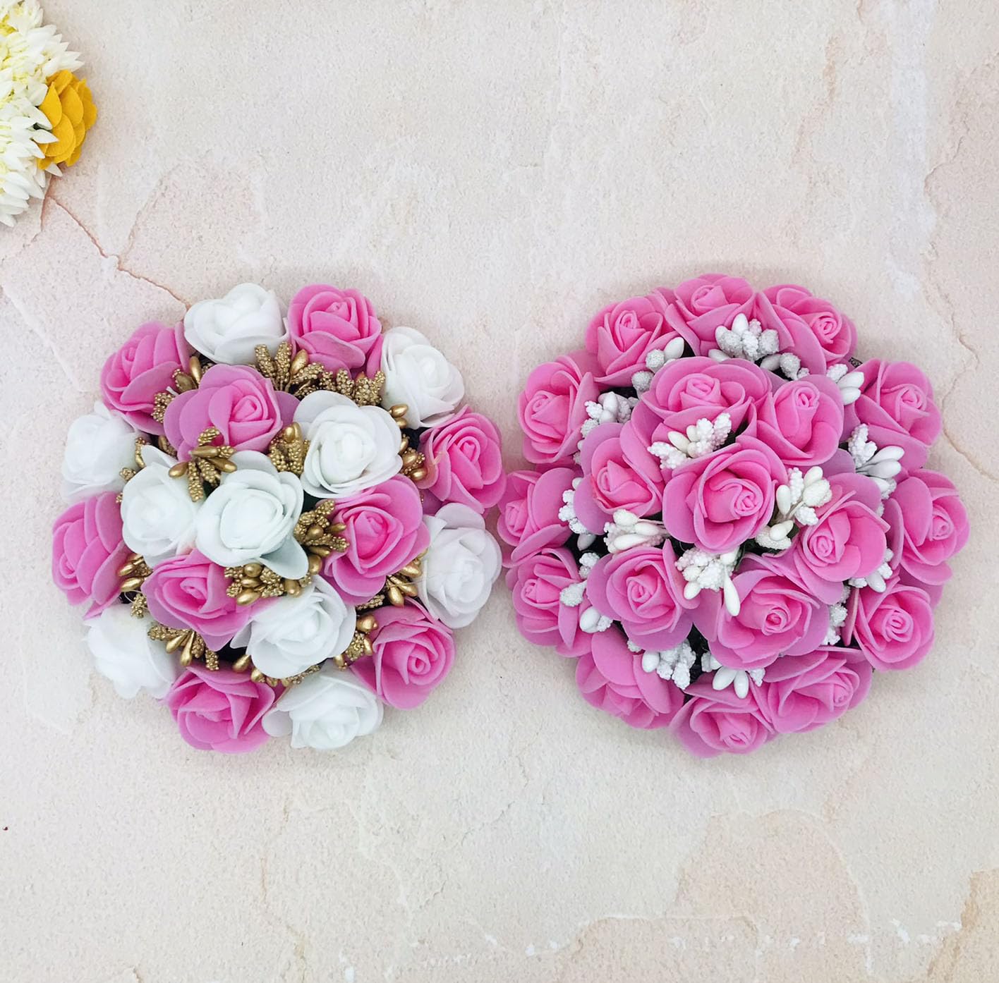 Gadinfashion™ Bridal Artificial Flower Hair Juda Gajra - 2 Pack Pink & White Floral Bun Hair Accessories for Women & Girls - Perfect for Weddings, Parties & Special Occasions