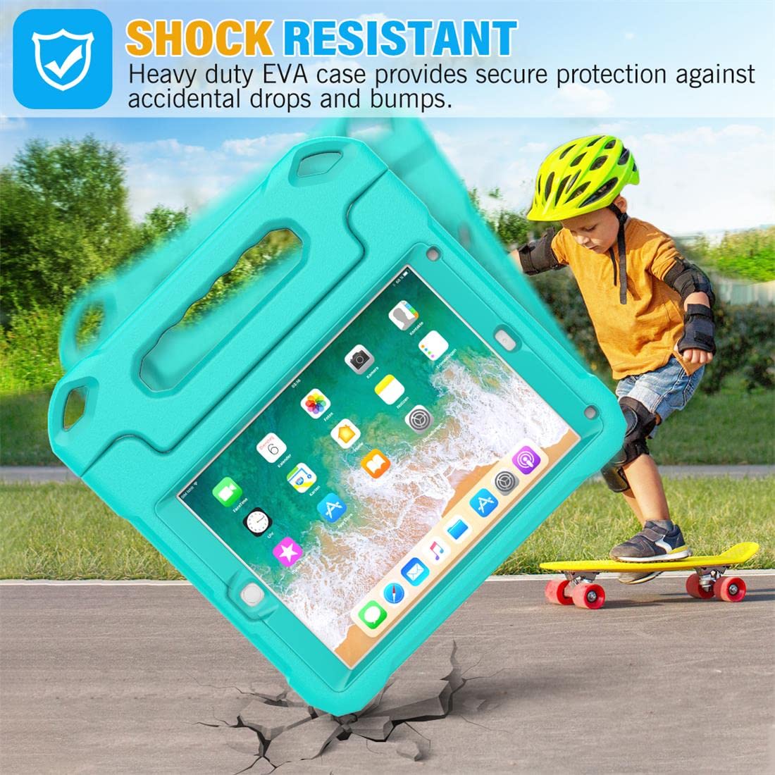SUPLIK Shockproof Kids iPad Case for iPad 5/6 Gen (9.7 inch 2017/2018), iPad Air 1/2 & Pro 9.7 - Durable Protective Cover with Handle Stand & Screen Protector - Cyan Blue - Perfect for School, Travel & Home Learning