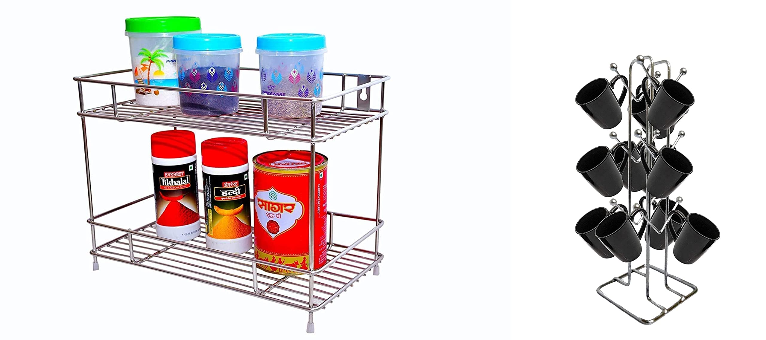 Namani 2-Tier Stainless Steel Kitchen Spice Rack Organizer with 12 Hooks - Dish Drying Rack, Cup Holder & Multipurpose Shelf for Countertop Storage (2-Pack) - Perfect for Small Kitchens, Dining Tables & Pantry Organization