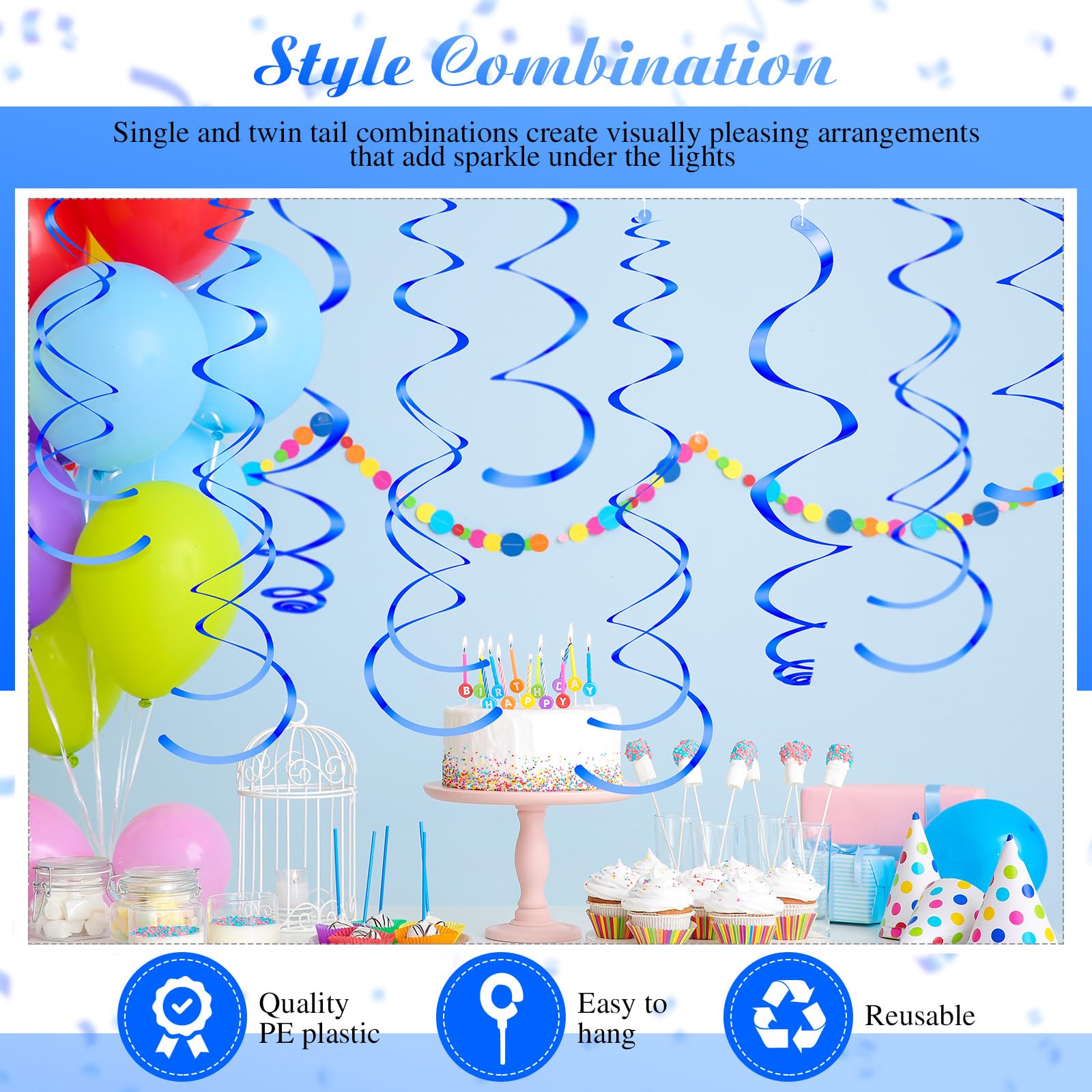 36 Pcs Blue Hanging Swirl Party Decorations - Plastic Streamer Swirls & Spiral Ceiling Decor for Birthday, Wedding, Baby Shower, Graduation - Perfect for Indoor & Outdoor Party Backdrops