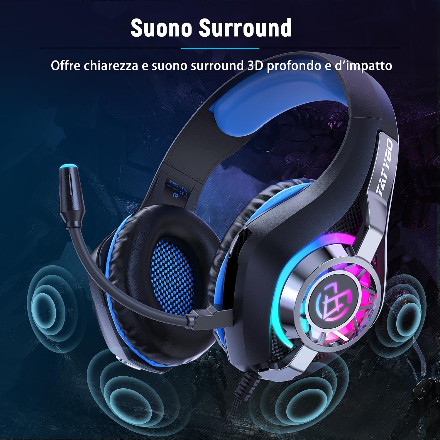 Tatybo Gaming Headset with Microphone - Noise Cancelling, Stereo Deep Bass, Protein Ear Cushions - Compatible with PS4, PS5, PC, Xbox One, Nintendo Switch (Blue) - Perfect for Online Gaming, Streaming & Virtual Meetings