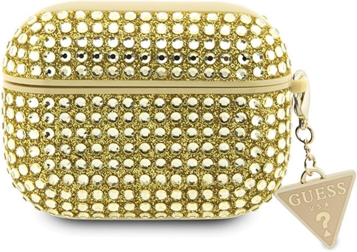 Guess Rhinestone Triangle Charm Case for AirPods Pro 2 - Gold Glamorous Protective Cover | Perfect for Parties, Gifts & Fashion Accessories