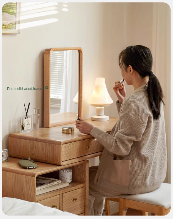 Solid Oak Wood Extendable Vanity Dressing Table with Mirror - Perfect for Bedroom Makeup & Jewelry Storage
